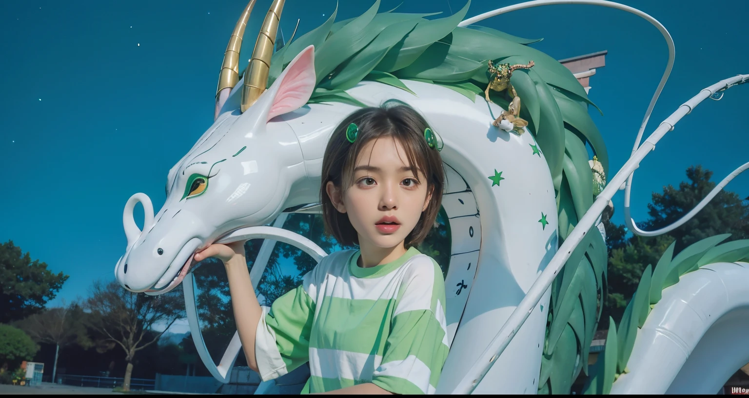 This image features a girl with short brown hair and a striped green and white shirt, who appears surprised or concerned. She is accompanied by a large, serpent-like creature with green hair and whiskers, as well as a small creature resembling a mouse perched on the serpent's back. The scene is set outdoors at night, under a starry sky, with trees and a distant lamppost in the background.