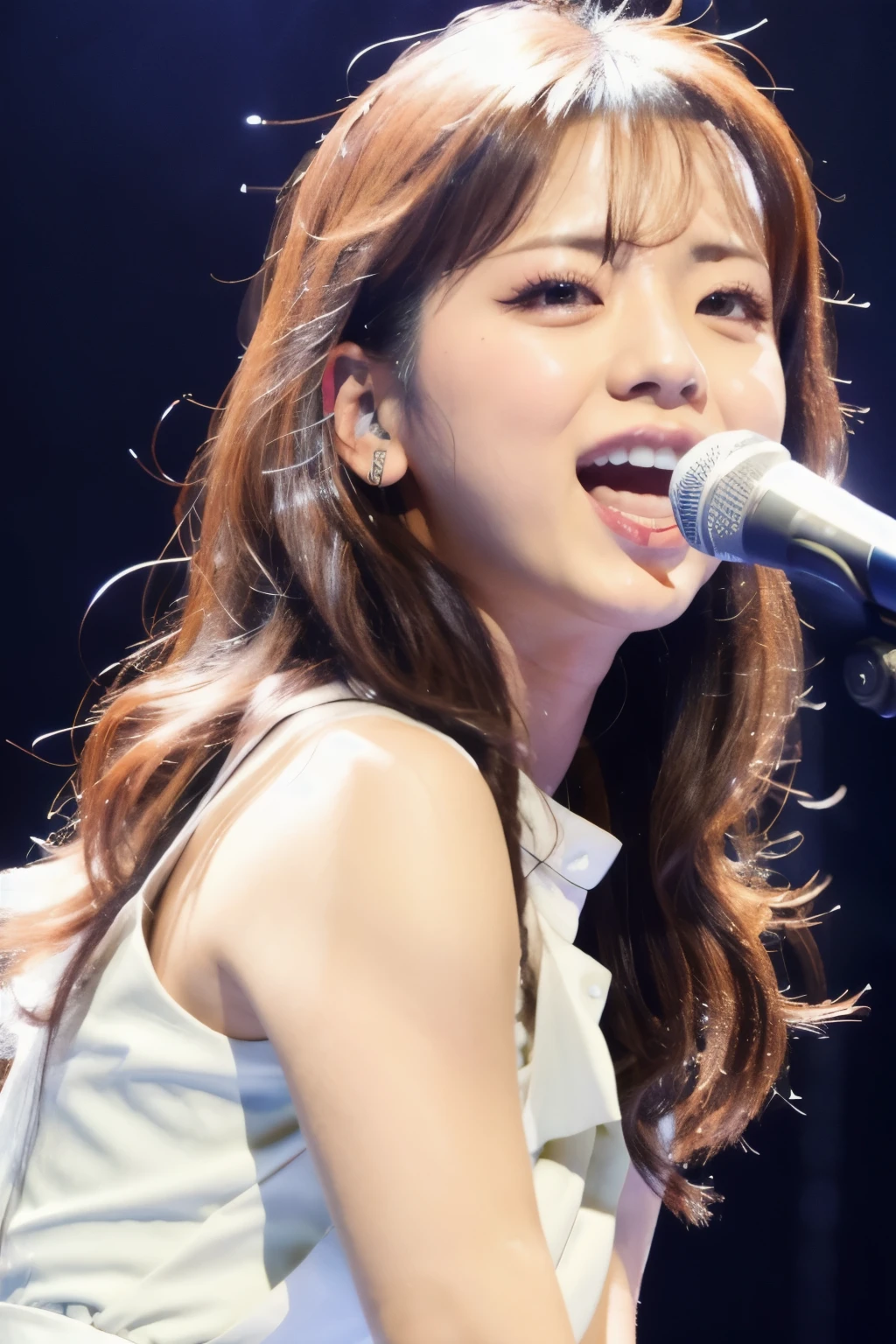 Masterpiece, High quality, high resolution, Skinny Japanese woman, 30 years old, cute face, ((detailed face, detailed eyes)), small breasts, very thin waist, slender legs, singing on the stage in her concert, professional singer, beautiful dress, 