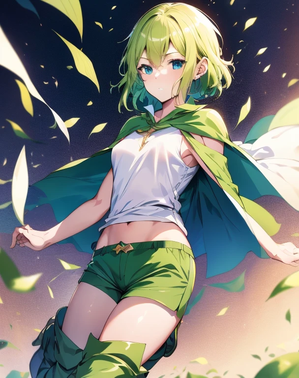 highest quality, Tabletop, 超A high resolution, Ryu Lion, Green shorts, Green Boots, White shirt, Green Cape