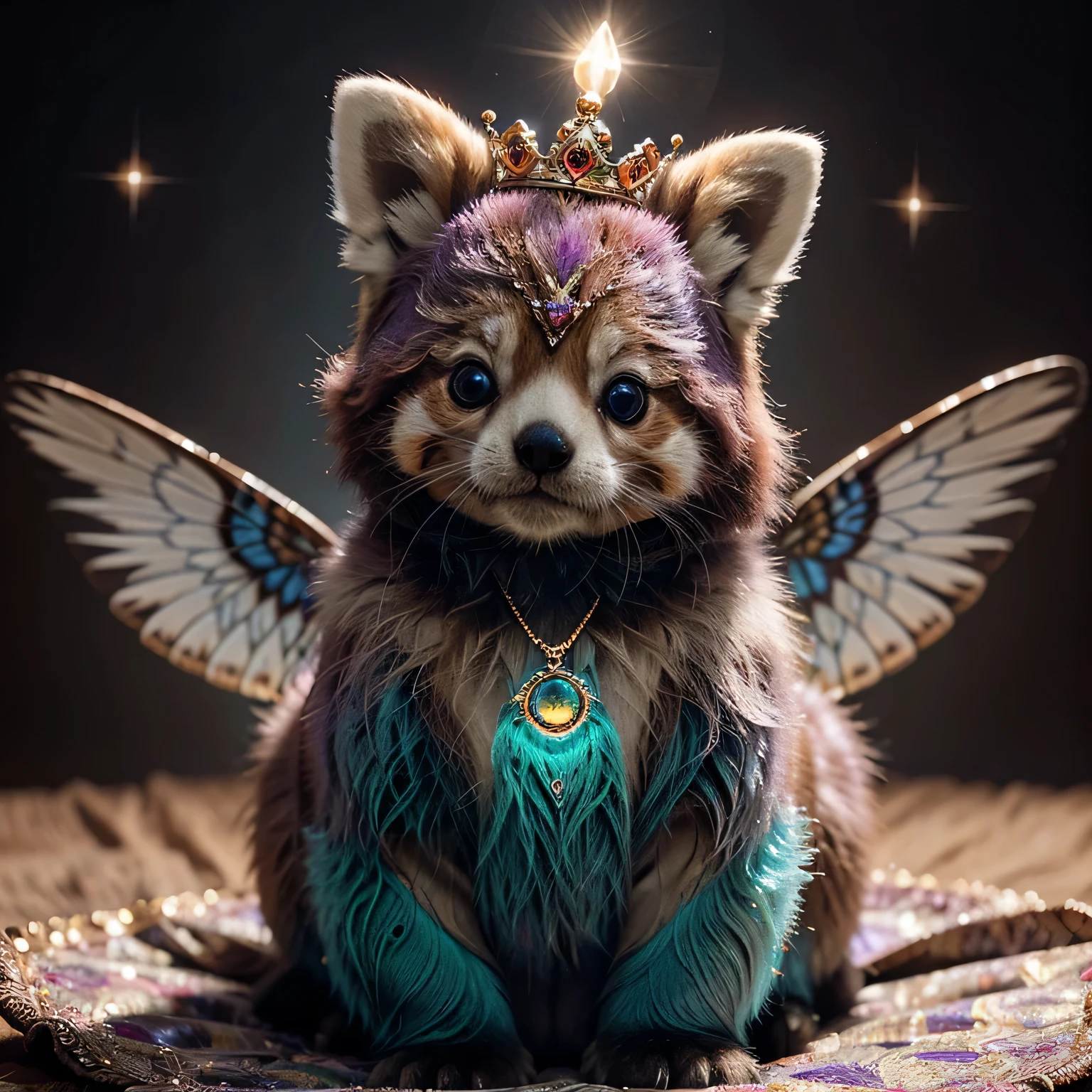 Create a fantastical creature that embodies extreme cuteness by combining elements of existing and extinct animals. This adorable creature has the small, round body of a red panda, covered in soft, pastel-colored fur that transitions through shades of pink, blue, and lavender. Its face is a blend of a baby seal and a koala, featuring large, soulful eyes with sparkling, star-shaped pupils, and small, rounded ears that twitch adorably.

The creature has tiny, delicate wings like those of a butterfly, with intricate patterns that shimmer in the light, making it appear even more enchanting. It also has the tiny, nimble paws of a kitten, perfect for playful antics, and a fluffy, plume-like tail similar to that of a peacock, fanning out in a dazzling display of colors.

For accessories, the creature wears a miniature golden crown tilted slightly to one side, adorned with tiny jewels that twinkle like stars. Around its neck is a delicate, lace collar with a small bell that rings softly with every movement, adding to its charm. It also carries a tiny, enchanted wand topped with a glowing crystal, suggesting it has magical abilities.

The overall appearance of this creature should evoke feelings of warmth and joy, as if it has stepped right out of a fairytale. Every detail, from its expressive eyes to its shimmering wings, should contribute to its irresistibly cute and magical persona. Ensure that all features are vivid and coherent, creating a consistent and endearing image of this fantastical being.

