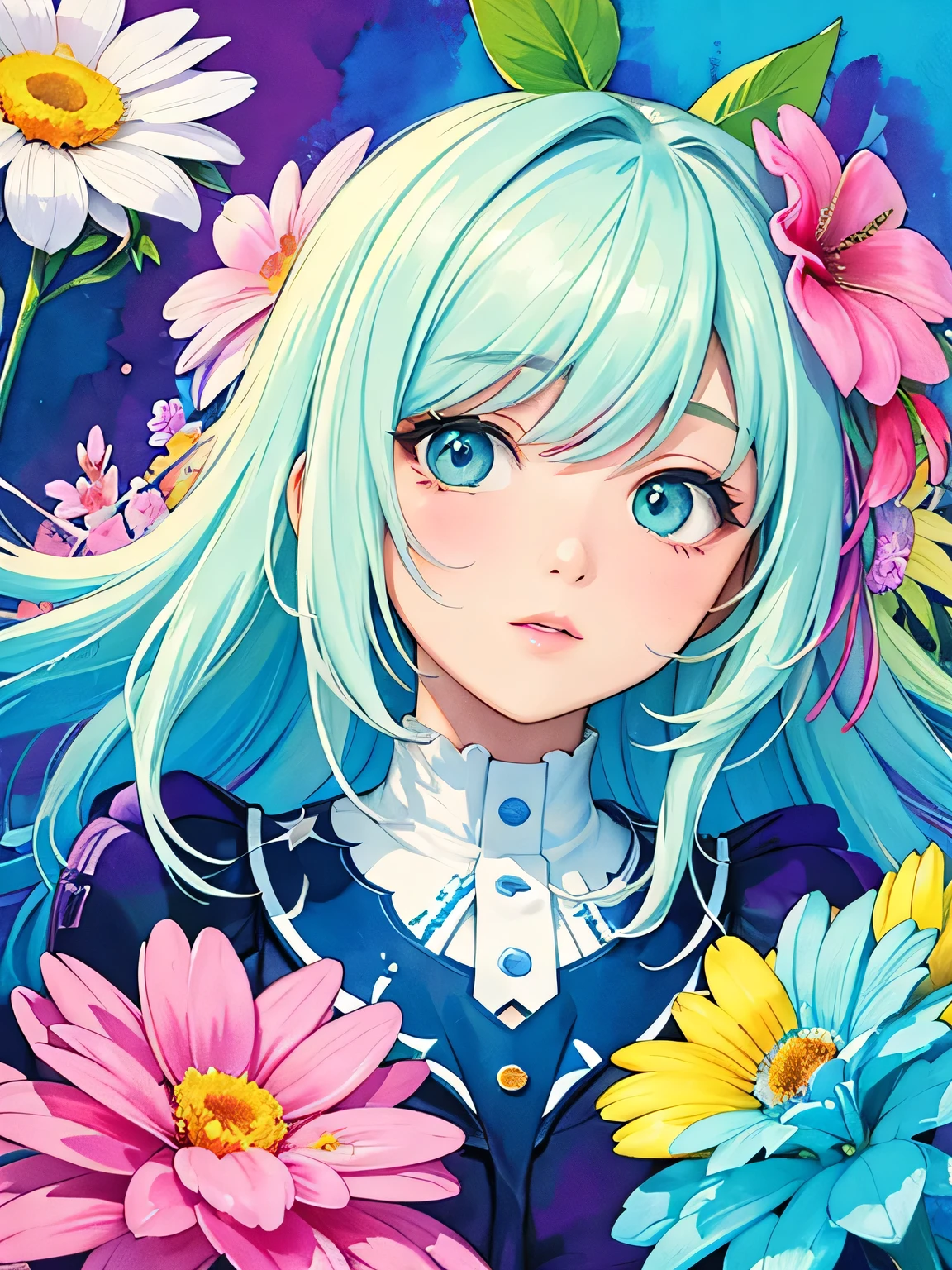 Fujichoco Style、(((stylish fashion))), 8K Quality、Intense watercolor, Detailed watercolor art, Watercolor splash, Surreal, avant-garde pop art, Beautiful and expressive paintings, Beautiful artwork illustration, Very colorful tones, wonderful, Cool beauty, highest quality、Official Art, Vector art, Stylish design, (((The most beautiful girl))), (((highest quality))), HDR, ((detailed)), (((Doodle Art)), ((masterpiece)), ((Super detailed)), (((Colorful flowers))),(((Stylish))),