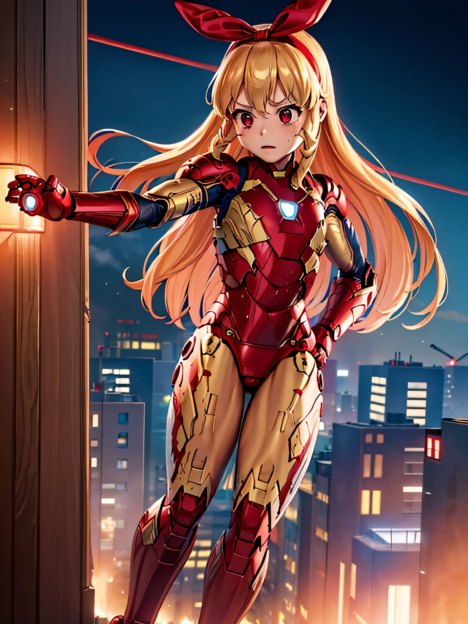 (red ribbon on hairband:1.2),(masterpiece, best quality, highres),BlondeHAIR,Primary school students、、Long Hair、Small breasts、Small breasts、Body Type、injured body、((damaged iron man suit、Crotch crack))、City of night、Rooftop、Boxing stance、8 year old 、Realistic body、battlefield、Fight the enemy