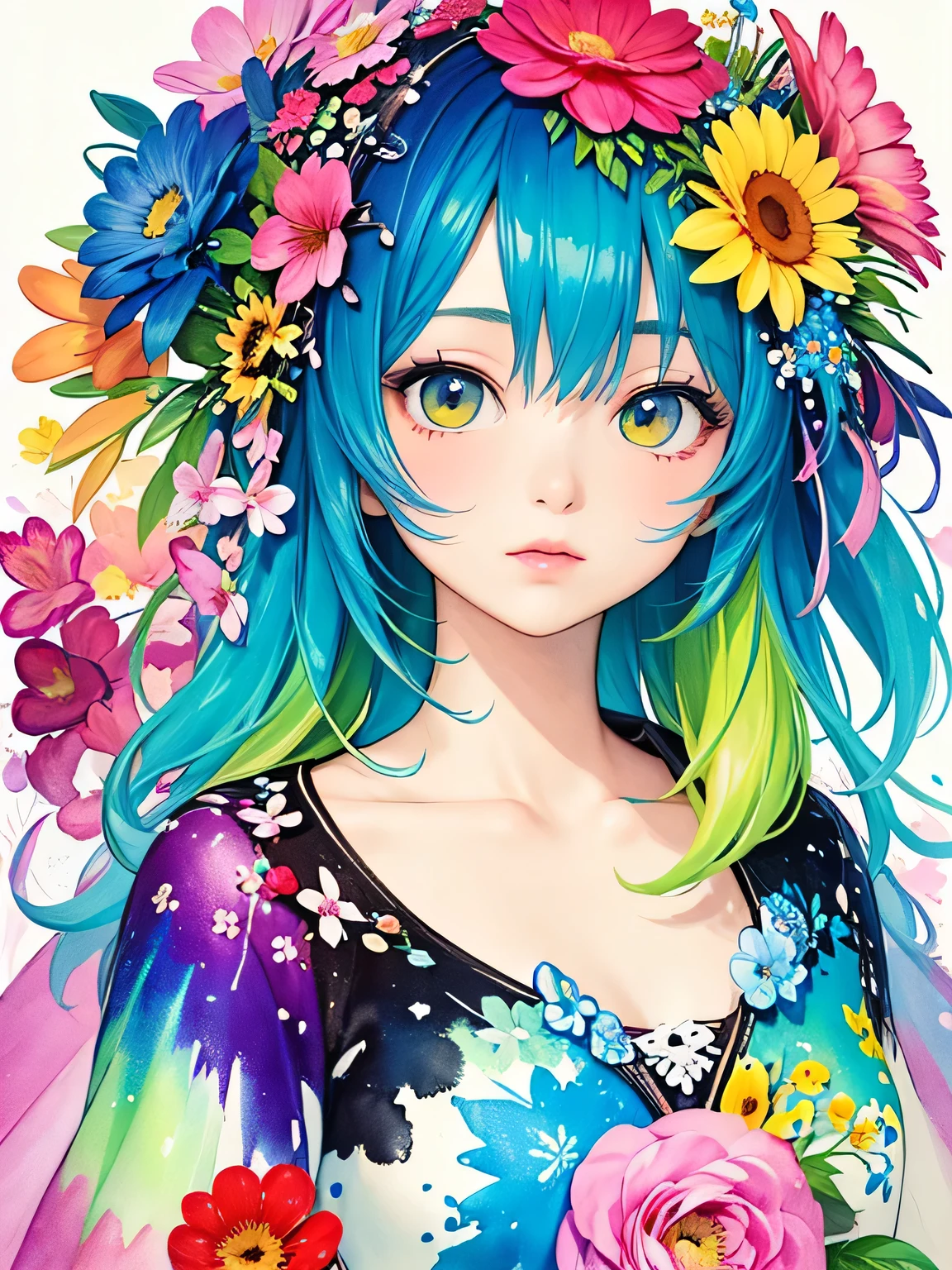 Fujichoco Style、(((stylish fashion))), 8K Quality、Intense watercolor, Detailed watercolor art, Watercolor splash, Surreal, avant-garde pop art, Beautiful and expressive paintings, Beautiful artwork illustration, Very colorful tones, wonderful, Cool beauty, highest quality、Official Art, Vector art, Stylish design, (((The most beautiful girl))), (((highest quality))), HDR, ((detailed)), (((Doodle Art)), ((masterpiece)), ((Super detailed)), (((Colorful flowers))),(((Stylish))),