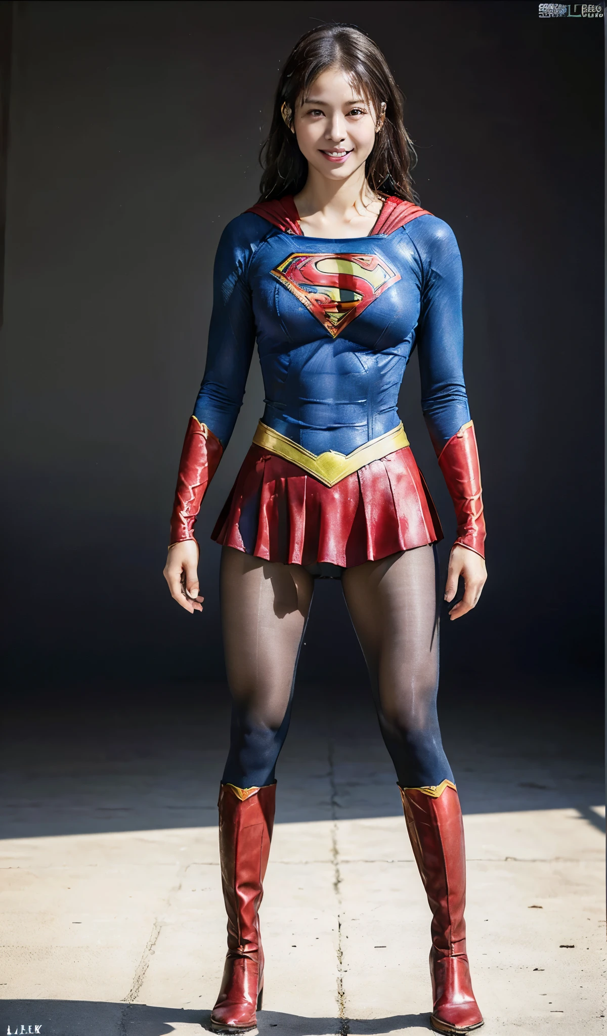 No background、(((Beautiful legs in black tights.)))、(((Legally express the beauty of your smile)))、((((Make the most of your original images)))、(((Supergirl Costume)))、(((Beautiful Hair)))、(((suffering)))、(((Please wear black tights....、Wear red boots)))、((Best image quality、8k))、((highest quality、8k、masterpiece:1.3))、(((Preserve background )))、Sharp focus:1.2、Beautiful woman with perfect figure:1.4、Slim Abs:1.2、Wet body:1.5、Highly detailed face and skin texture、8k