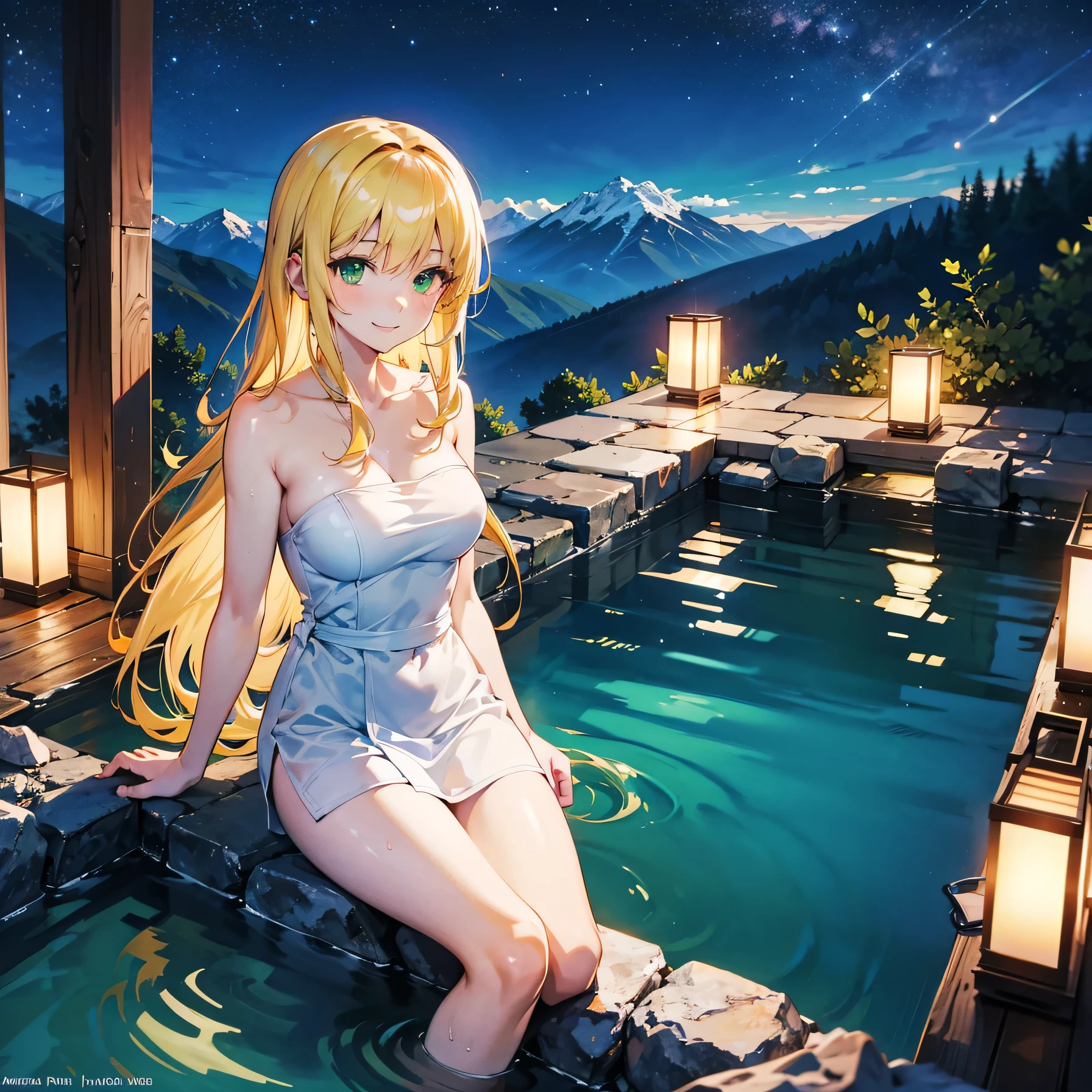 Anime Moe Art Style,highest quality,High resolution,Anatomically correct,One Woman,Twenty years old,Blonde,Super long hair,Upstyle Hair,Green Eyes,Super detailed,Fantasy Style,Medium sized breasts,smile,night,In the mountains,Taking a bath in a hot spring,Wrapped in a bath towel,8K