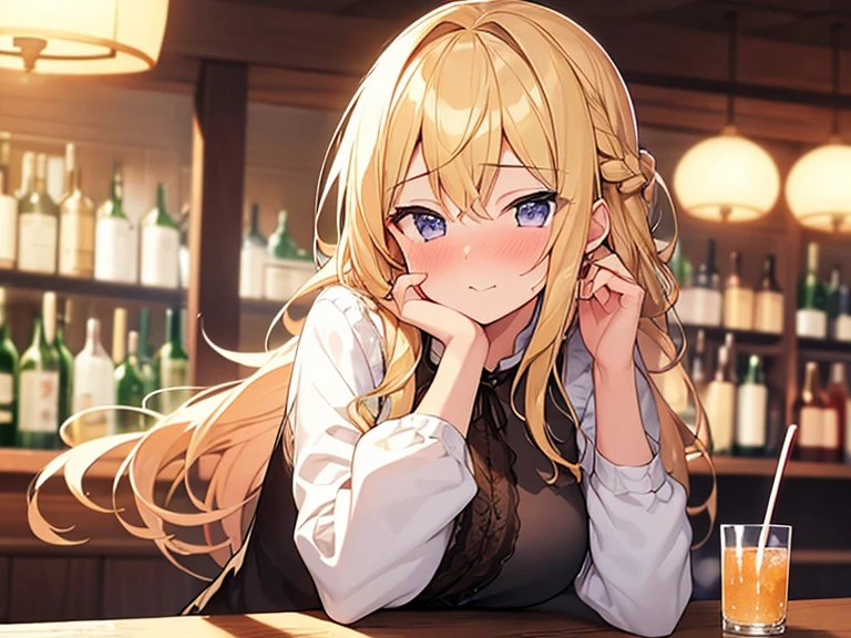 Masterpiece, Top quality, (1 beautiful girl :1.2), Blonde, straight hair, fishtail braid, 24 year old, medium breasts, standard weight, blouse, angy:1.3, nose blush :1.2, drunk, beautiful scene of bar, blurry background, magnificent panorama view, drinking alcohol