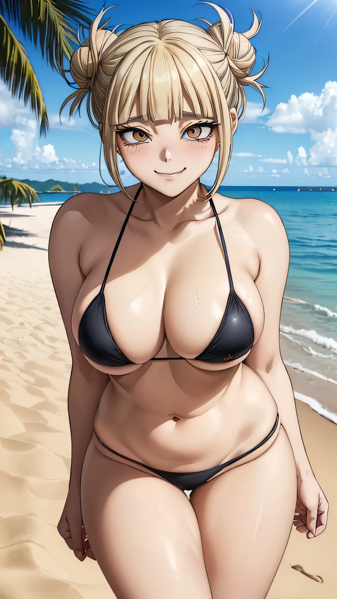(in 8K、A high resolution、Best Quality、 masuter piece、manga、amine、top-quality、From the thighs up:1.2),(Natural Skin Texture、Detailed skin、Beautiful skin、ultra sharpness),intricate detailes、Extraordinary beauty,(((high breasts,voluptuous body、1 cute woman,20 to 25 years old,adult lady,Height 5'2",Himiko Toga from My Hero Academia))),(an extremely cute and beautiful face:1.2),(((big eyes,sharp eyes,empty eyes,eye bags,eyelash extension,empty eyes,pale skin,blunt bangs,double bun,nape,topless,bottomless,madness smile))),(micro bikini:1.4),(blond hair,beach,sunny,sunlight:1.5)