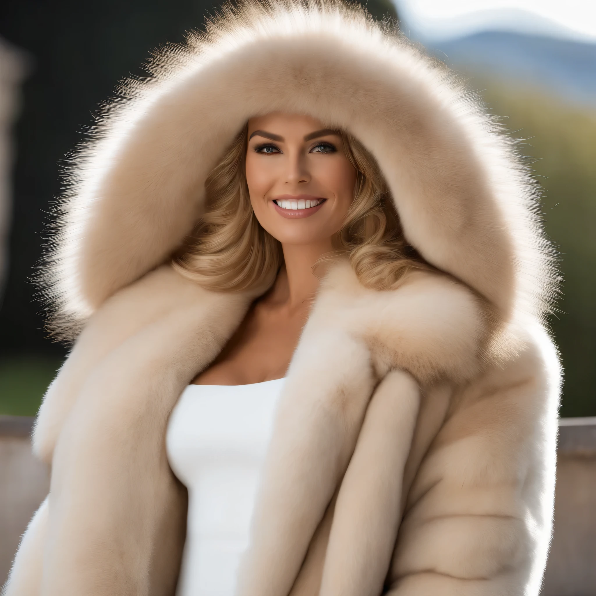 Adriana Karembeu, visage rond, Un regard captivant, Yeux verts, cheveux blonds,A very wide and very thick, very short sand mink fur coat, fifty centimeters d'thickness, duveteux, naturel, with an ultra thick white and sand mink fur collar, Trois couches, souriante, fully nude front view, bare shoulders, and two big breasts revealed by the fur, (8k, high resolution, Ultra-quality, A quality of'image ultra élevée, Ultrarealistic, Best quality:1.2) (gros seins en bonnet D:1.1), eyes visible through the hair, with silver gray hair, cut hair, Bonne position des yeux, Cinematic light, Soft light, lombes, la nuit, detailed color background, Convoluted, very detailed, 8k, Overall Silhouette, posant professionnellement sur un canapé penthouse, En regardant directement la caméraUne photo d'une femme souriante Nikon D850, Objectif 85 mm