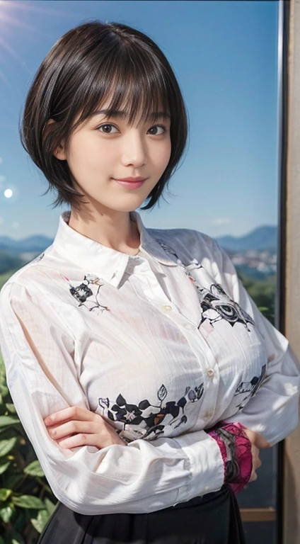 58
(20-year-old woman), (Surreal), (Tabletop), ((Black-haired、short hair:1.3)), (Huge breasts:1.2), A kind smile, (Clothes with anime characters printed on them)、White blouse、valley、(Buttoned shirt)