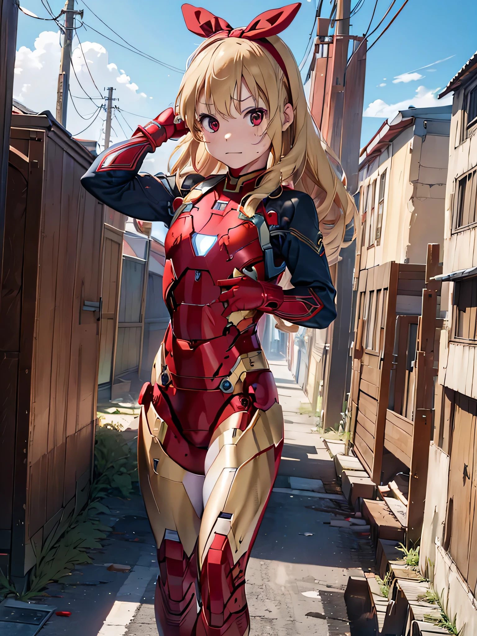 (red ribbon on hairband:1.2),(masterpiece, best quality, highres),BlondeHAIR,、、Long Hair、Small breasts、Small breasts、Body Type、injured body、((damaged iron man suit、Crotch crack))、City of night、Rooftop、Boxing stance、8 year old 、Realistic bodfield、Fight the enemy