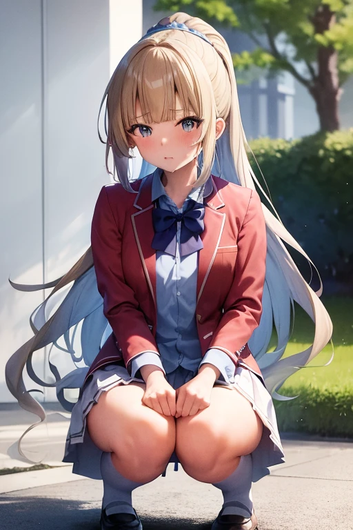 masterpiece, highest quality, High resolution, One girl, kei karuizawa, Blue Shirt, White Skirt, Jacket, red Jacket standing, squatting,leaking pee,peeing,trembling,puddle of peeing,pussy,Nsfw