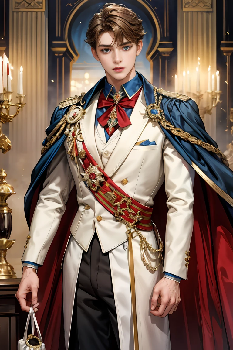 
masterpiece, 最high quality, high quality, 1 boy, alone, Male focus, Watching the audience,  Messy brown hair, Adorable big blue eyes, White, Noble, Noble, Beautiful tailcoat、A very voluminous, large, very large, very large, long, long red and black cape with a high stand-up collar, made of a lot of fabric that reaches down to the floor., 17 years old,Cute beautiful boys,Cute, cute, kind, handsome guy