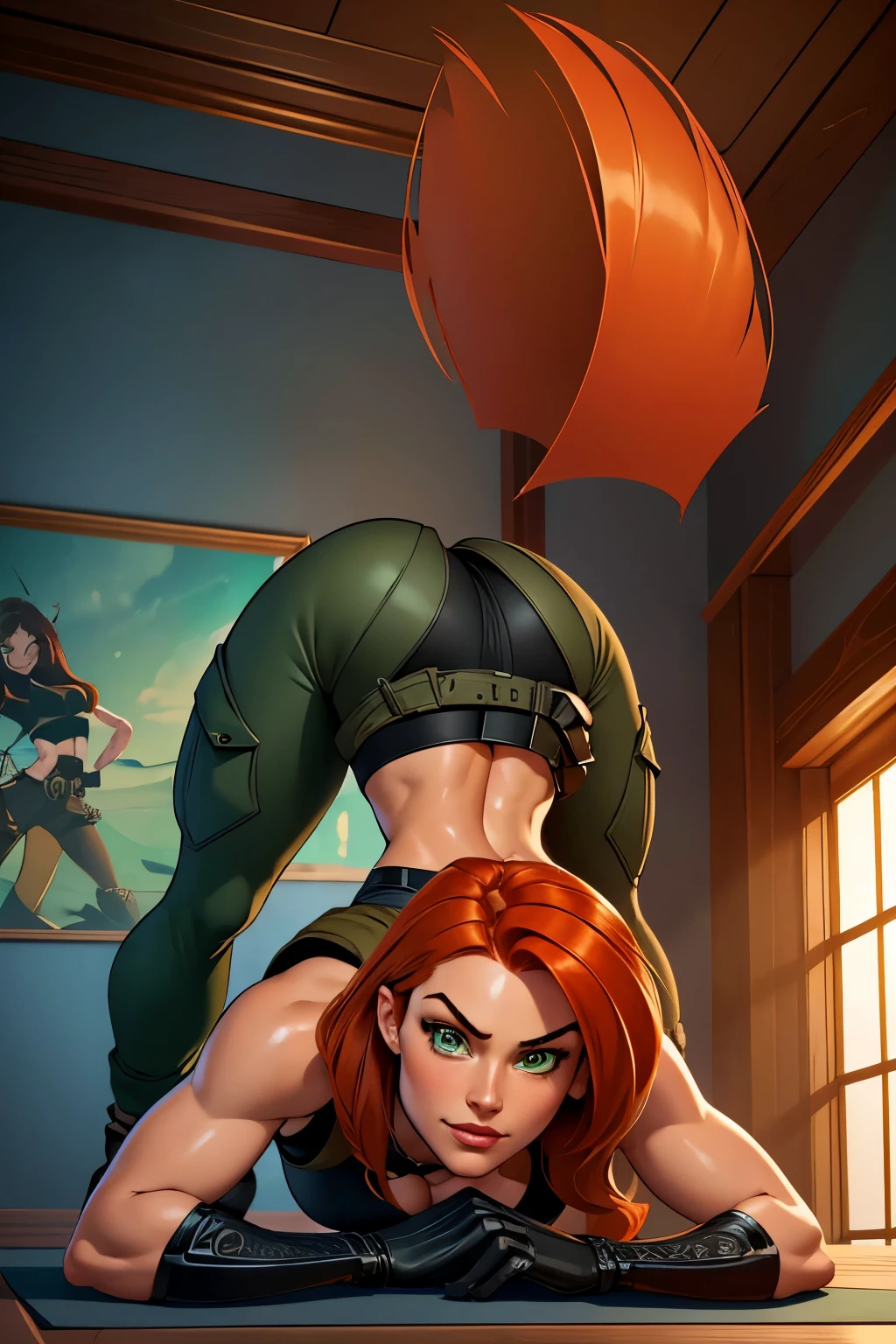 1girl, jackopose, top-down bottom-up, in a beautiful clean gym, looking at the viewer, Kim Possible, wearing (Orange-red hair, green eyes, confident expression, black crop top, black gloves, brown belt, green cargo pants:1.1), hot, horny, aroused, blushing, ((detailed)), ((best quality)), ((masterpiece)), extremely detailed CG unity 8k wallpaper, 32k, focus sharp, photo of perfecteyes eyes, perfecteyes eyes, Masterpiece, raw, beautiful art, professional artist, 8k, very detailed face, very detailed hair, perfectly drawn body, beautiful face, very detailed eyes, smiling, rosey cheeks, intricate details in eyes, perfect fit body, beautiful body, extremely detailed, intricate details, highly detailed, sharp focus, detailed skin, realistic skin texture, texture, detailed eyes, high resolution, kodak vision color, foto_\(ultra\), post-processing, maximum detail, roughness, real life, ultra realistic, photorealism, photography, absurdres, RAW photo, highest quality, high detail RAW color photo, professional photo, extremely detailed UHD 8k wallpaper unit, best quality, highres, (masterpiece, top quality, high resolution:1.4), photo, cinematic, film grain, sharp, soft natural light, magic photography, super detailed, anatomically correct, perfect anatomy.