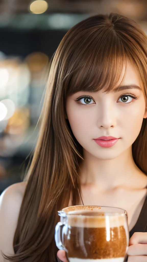 Best quality, 8k, ,Masterpiece :1.3)), facing viewer,((full body1.2)) ,pretty woman, wide shot ,1girl, , café,, , brown hair , bangs,ultra-detailed face, highly detailed lips, detailed eyes, double eyelid