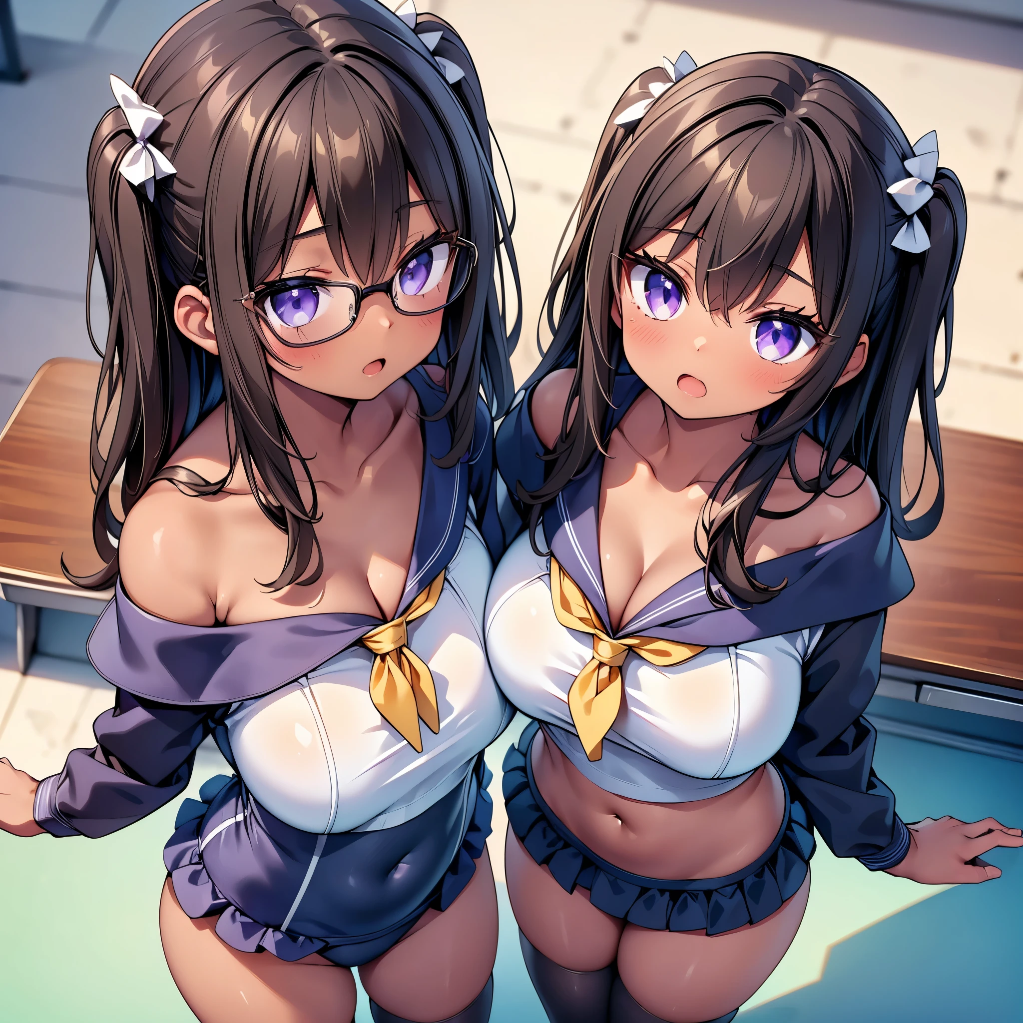 (cute eyes:1.2), (sparkling eyes:1.2), (8K、Best image quality、highest quality、masterpiece)、Detailed face、(2 girls, (Brown Skin:1.3))、Improve、(Black Hair, Purple Eyes, Glasses, long hair)、(open mouth), (embarrassed), (skinny body:1.3),(small breast), (off shoulder sailor swimsuit:1.2), (cleavage), (crop top navel), Sit on a chair, Classroom Background, (black stockings:1.1), (Thighs:1.1), (Waistline:1.1),(close-up shot of bust), (from above:2)