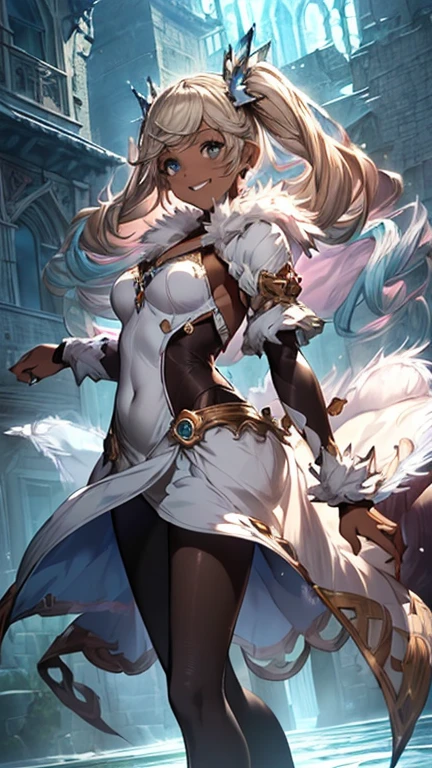 (Backlight,at night:1.2),
From belowの視点,High resolution,Sharp focus,(Super detailed,Very detailed),(Very detailed CG unity 8k wallpaper),(((Vibrant colors))),
gran blue fantasy,Iooiklas,Platinum Blonde Hair,Twin tails, hair ornaments,(Flying debris, 超High resolution),Wear an iridescent aura,
Invisible Light, Amazing shine, Neon orange glow, The colors of another world,Bright colors, Ghostly Effects,
White Dress, Black knee socks,
Removable sleeves,Complex eyes,Beautiful fine details,Symmetrical eyes,Big eyes:1.5,Seductive eyes,
(((dark skin,dark_skin,lustrous skin:1.5,bright skin: 1.5,
skin tanned, shiny skin,very shiny skin,Shiny body,plastic glitter
skin,exaggerated shiny skin,illuminated skin))),
(,Detailed body,(Detailed face)), cute,Lewd,erotic,Bold,Camel toe revealing outfit,show skin,(((Sexy aqua fur coat, Aqua fur coat outfit,
wearing a Ice Dress:1.3,aqua 冬 coat))), ((Ice Dress,elegant Ice Dress)),
(White gloves,White clothes,(((Complex outfit,Complicated clothes,Embroidered costume,Glamorous costumes,Embroidered clothes,
(((Glamorous clothing))),skinsuit, Bodysuits, pantyhose,Domineering smile,Dancing, swing , Step forward strongly, Raise your legs high,
floating, Twisted body, floating hair, Fluttering Hair,
(SFW:1.25), Belly dance, Clothing and accessories with intricate detailing,
Great festival show, Sexy Dance, Lean back, Show your crotch,
View your viewers, Sexy smile, Dutch Angle,
From below, Side view, floating extra アクアファーコート, splash,
extra floating アクアファーコート,汗をかいたskin,Shy laugh,