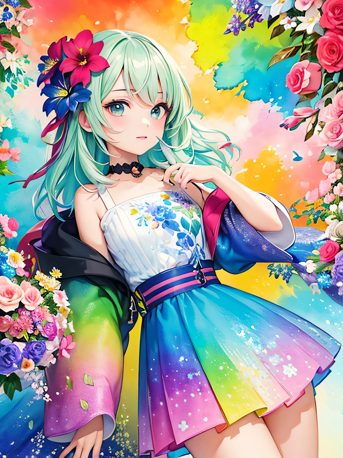 Shirabi Style、(((stylish fashion))), 8K Quality、Intense watercolor, Detailed watercolor art, Watercolor splash, Surreal, avant-garde pop art, Beautiful and expressive paintings, Beautiful artwork illustration, Very colorful tones, wonderful, Cool beauty, highest quality、Official Art, Vector art, Stylish design, (((The most beautiful girl))), (((highest quality))), HDR, ((detailed)), (((Doodle Art)), ((masterpiece)), ((Super detailed)), (((Colorful flowers))),(((Stylish))),