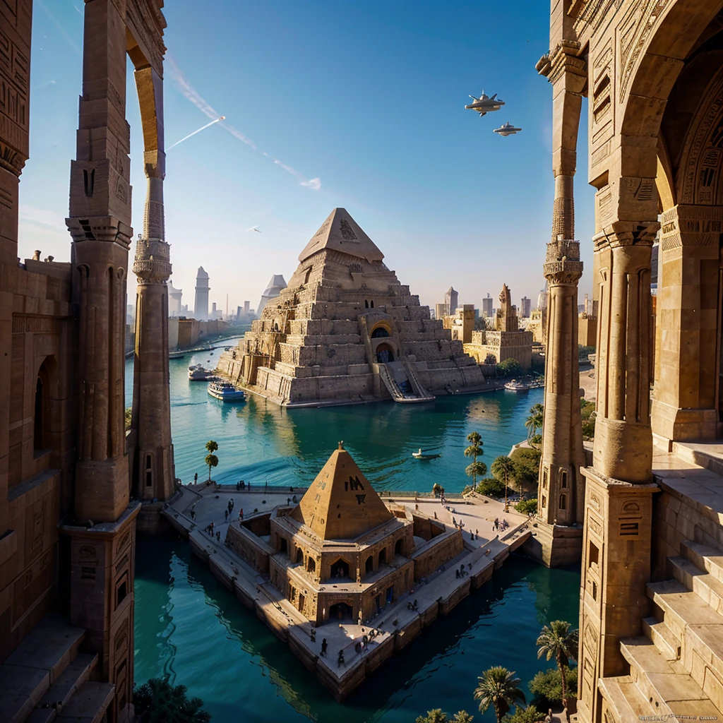 best quality, 4k, 8K, high resolution, masterpiece: 1.2, ultra detailed, realistic: 1.37, prominent sunlight in the sky, vibrant colors, dynamic composition, iconic pyramids, shining Nile river, boats along the river, markets bustling, traditional Arabic architecture, (spaceship, alien spaceship from the future, towering alien mothership: 1.1, floating above the city erecting a pyramid. shining with mysterious light), advanced technology: 1.1, ancient wisdom fused with futuristic elements, perfect combination of past and future, stunning view. People amazed by extraterrestrial intervention, a woman in traditional Egyptian dress, looking up in amazement, exotic plants and flowers, blooming in vibrant colors, intricate hieroglyphics decorating the spaceship, intricate carvings on the pyramid, grandeur and majesty, surreal atmosphere , architectural wonders. a fusion of ancient and modern civilizations.