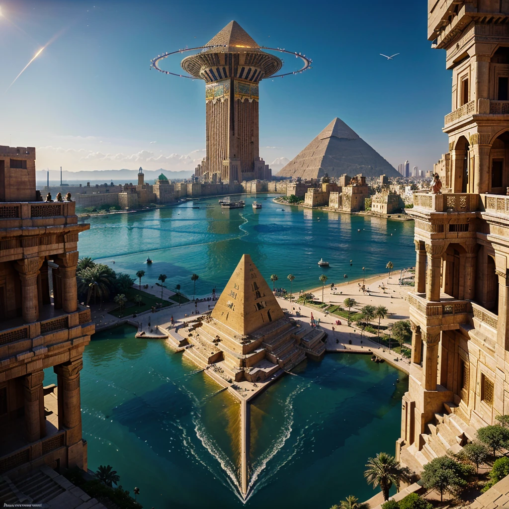 best quality, 4k, 8K, high resolution, masterpiece: 1.2, ultra detailed, realistic: 1.37, prominent sunlight in the sky, vibrant colors, dynamic composition, iconic pyramids, shining Nile river, boats along the river, markets bustling, traditional Arabic architecture, (spaceship, alien spaceship from the future, towering alien mothership: 1.1, floating above the city erecting a pyramid. shining with mysterious light), advanced technology: 1.1, ancient wisdom fused with futuristic elements, perfect combination of past and future, stunning view. People amazed by extraterrestrial intervention, a woman in traditional Egyptian dress, looking up in amazement, exotic plants and flowers, blooming in vibrant colors, intricate hieroglyphics decorating the spaceship, intricate carvings on the pyramid, grandeur and majesty, surreal atmosphere , architectural wonders. a fusion of ancient and modern civilizations.