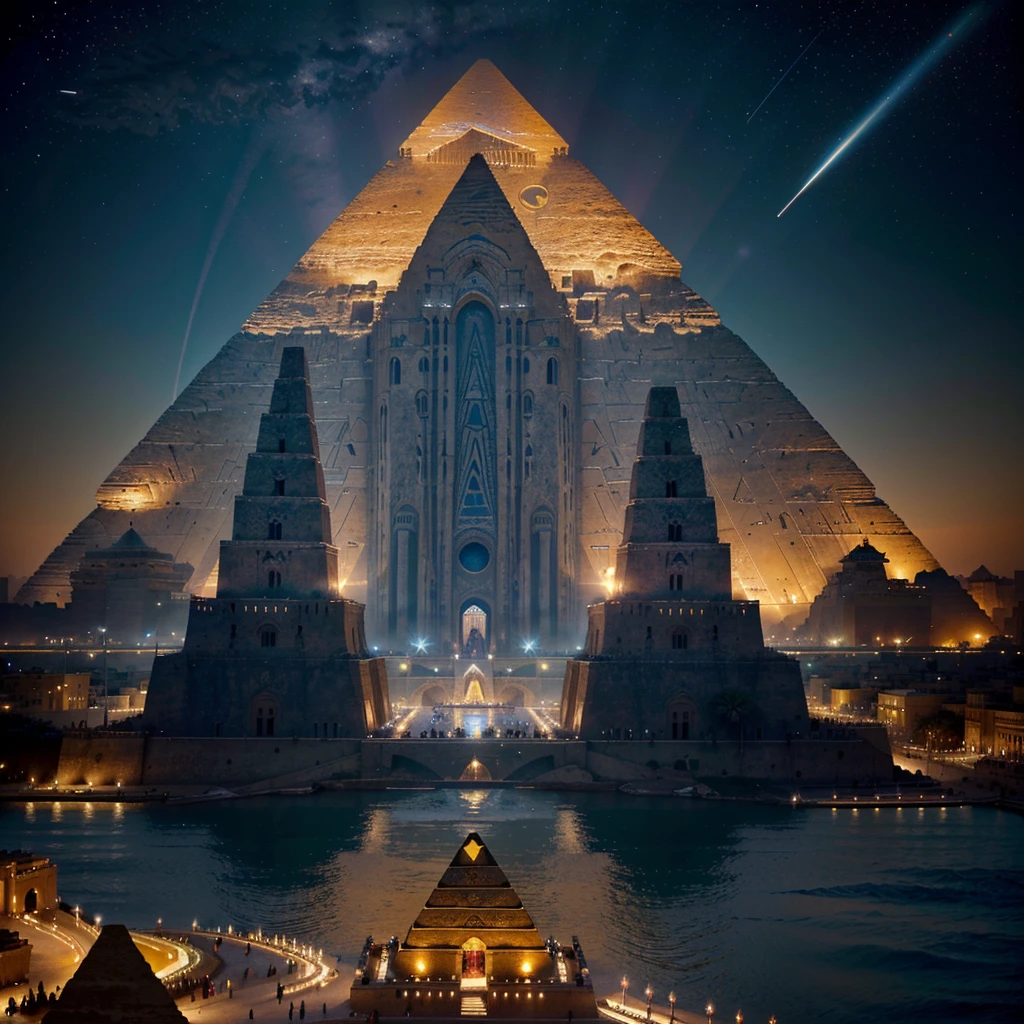best quality, 4k, 8K, high resolution, masterpiece: 1.2, ultra detailed, realistic: 1.37, prominent sunlight in the sky, vibrant colors, dynamic composition, iconic pyramids, shining Nile river, boats along the river, markets bustling, traditional Arabic architecture, (spaceship, alien spaceship from the future, towering alien mothership: 1.1, floating above the city erecting a pyramid. shining with mysterious light), advanced technology: 1.1, ancient wisdom fused with futuristic elements, perfect combination of past and future, stunning view. People amazed by extraterrestrial intervention, a woman in traditional Egyptian dress, looking up in amazement, exotic plants and flowers, blooming in vibrant colors, intricate hieroglyphics decorating the spaceship, intricate carvings on the pyramid, grandeur and majesty, surreal atmosphere , architectural wonders. a fusion of ancient and modern civilizations.