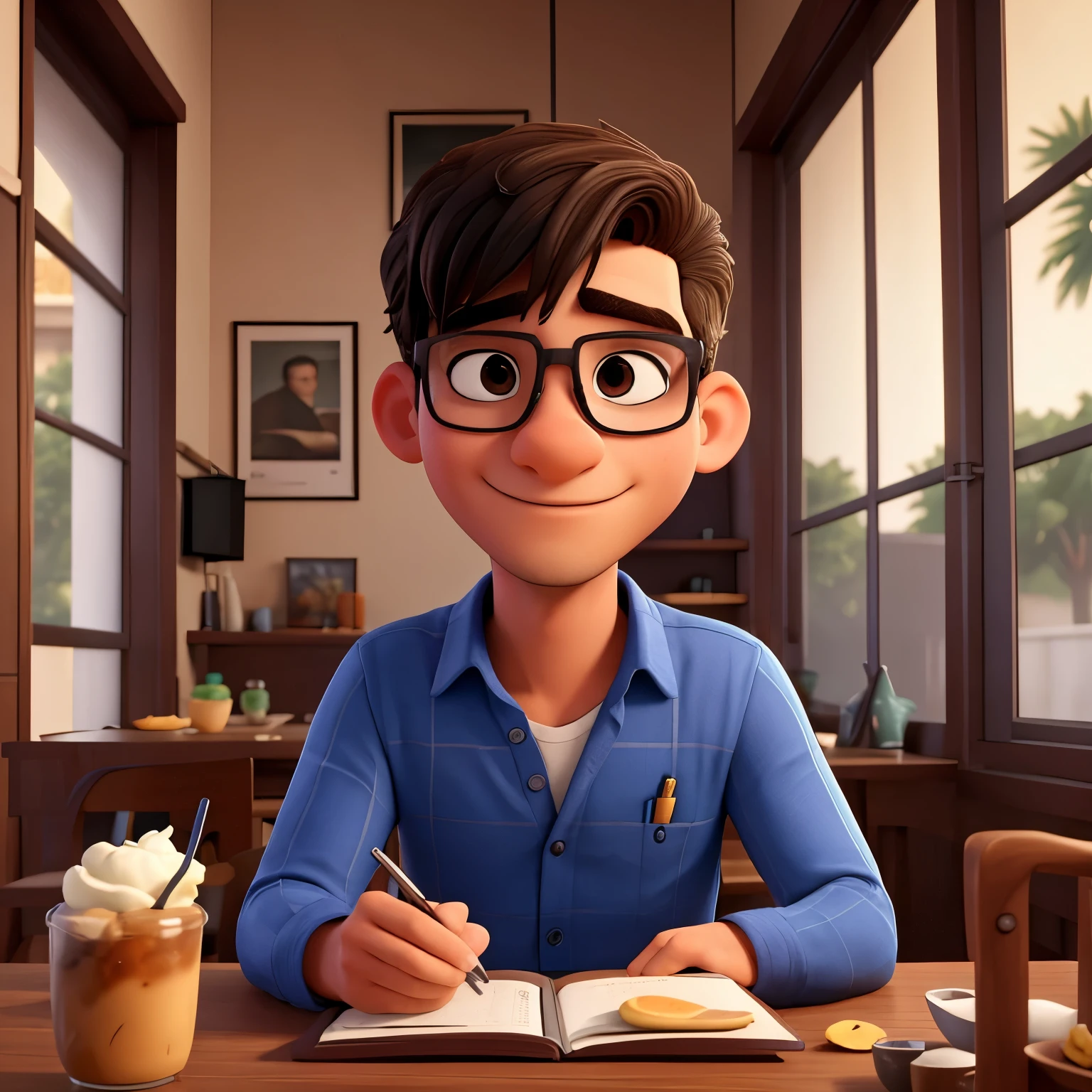 melhor qualidade, high resolution, imagem distinta, jovem, masculino, gordinho, with glasses, alto, cabelo curto e preto camisa social, suspensorio, dress pants, sapato social, sitting at the breakfast table with your cat, drinking coffee, gatos, preto, laranja e branco, roronando, em cima da mesa