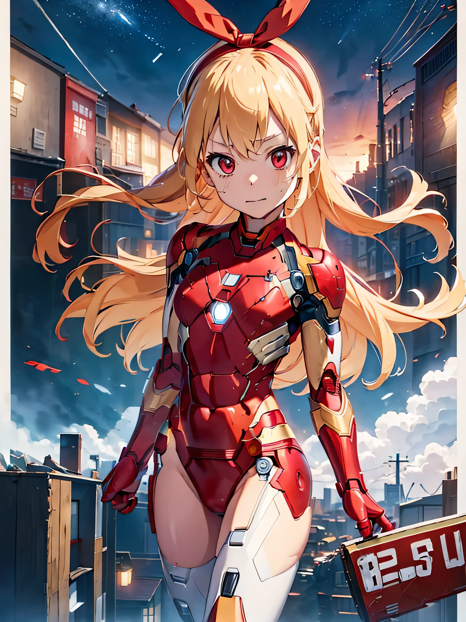 (red ribbon on hairband:1.2),(masterpiece, best quality, highres),BlondeHAIR,、Long Hair、Small breasts、Small breasts、Body Type、injured body、((damaged iron man suit、Crotch crack))、City of night、Rooftop、、8 year old 、Realistic bod