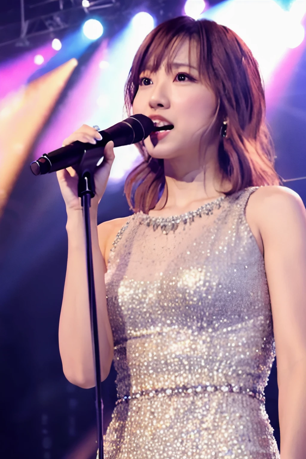 Masterpiece, High quality, high resolution, Skinny Japanese woman, 30 years old, cute face, ((detailed face, detailed eyes)), small breasts, very thin waist, slender legs, singing on the stage in her concert, professional singer, beautiful dress, 