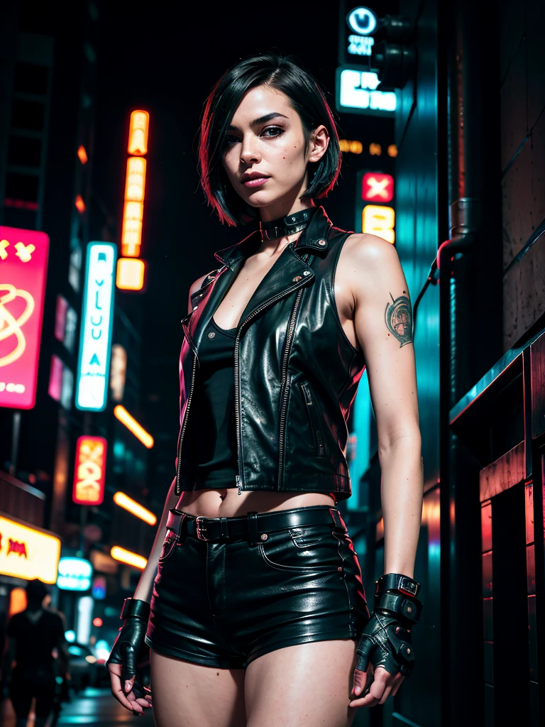 there is a woman (Zendaya) in a leather jacket and shorts posing for a picture, beautiful cyberpunk woman model, cyberpunk photo, cyberpunk beautiful girl, cyberpunk angry gorgeous goddess, cyberpunk girl, in a cyberpunk setting, ross tran 8 k, cyberpunk judy alvarez, cyberpunk women, cinematic. by leng jun, in cyberpunk style, by Raymond Han, cyberpunk woman