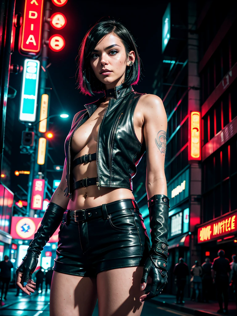 raw photo, cyberpunk style, close up photo, slender brunette, bob hairstyle, (cyborg), cyber cowboy, (mechanical body parts), leather vest, leather shorts, standing on the street of a night city, looking at viewer, Night City, neon lights, backlight, night, volumetric lighting , epic photo