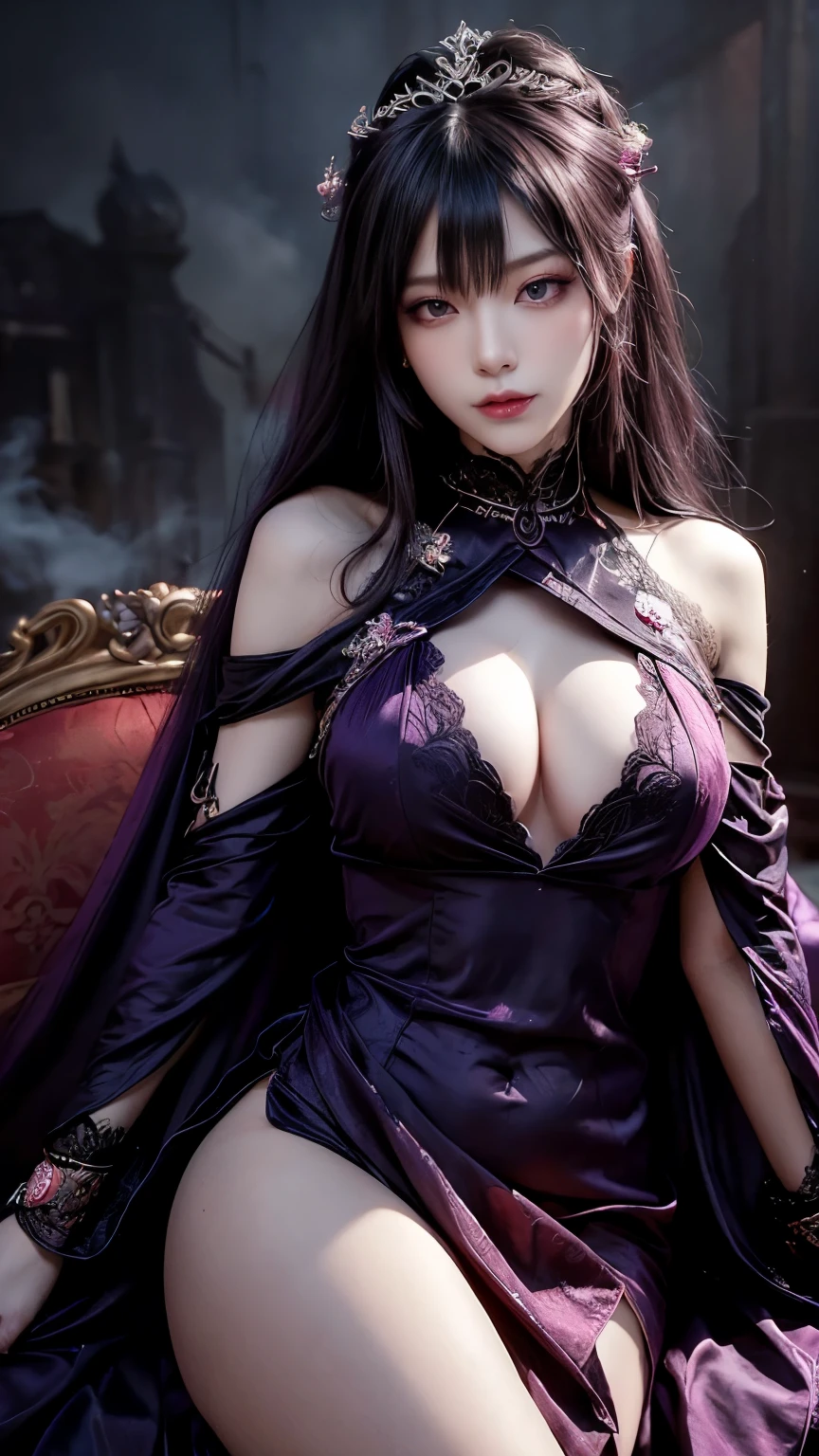(Best image quality), (masterpiece), (Vibrant, Photo realistic, Realistic, dramatic, dark, Sharp focus, 8k), beautiful, Highly detailed face and skin texture, sexy wedding dress, Heavenly beauty, Mature Asian Woman,Long black hair, Compensate, Browsing Caution ,Close-up shot, ((Backlight)), Holding the Sword, Samurai Wedding、Noir painting of a beautiful young witch, Long purple hair, dark purple lips, evil, evil female, smile, Black Prom Dress, She is coming to you, close, Bright Blue Eyes, Surrounded by swirling pink smoke, Genuine, Attention to detail, highest quality、8k, RAW Photos, highest quality, masterpiece, Realistic, photo-Realistic, clear, Professional Lighting, Beautiful Face, highest quality,Ultra-high resolution female demon king,Eternal Youth,Age 25,Long Hair,Intricate braiding,Decorations,Crimson Hair,Jet black hair,Bright red eyes,Golden Eyes,eyeliner,Dark lipstick,Dark-toned dress,,magical jewels,jewelry,Crown,A luxurious throne,Dragon sculpture,Magic symbols,an ominous,exquisite Decorations,Crossing your legs,Put your cheek on your hand,(whole body:1.4) appear Although ominous, Gorgeous and exquisite carvings,(A sexy draped dress with a loose navel that shows off plenty of skin,:1.5)He has very beautiful devil horns with very intricate structure growing out of his head., 背中から非常に大きくan ominous悪魔の翼が生えている.