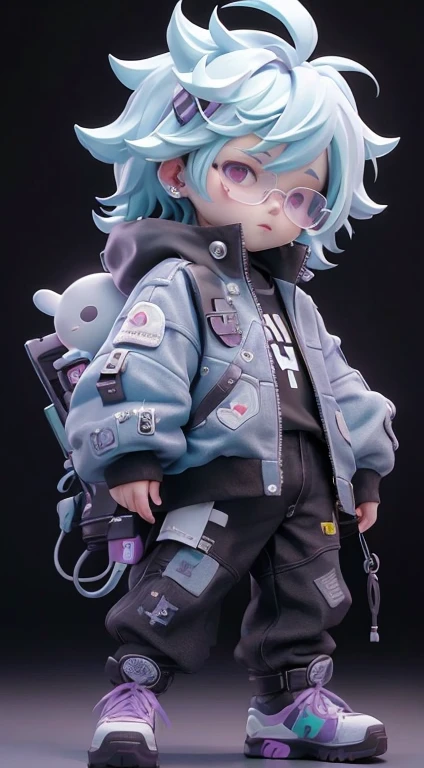 1littel boy, chibi, cute, 20 years old, seductive expression, look at viewer, jacket cyberpunk style, jacket, photo, realistic, best quality, purple, white, and black, hires, detailed face, white background, diffused lighting, glasse, depth of field, bokeh, pose model, stand, shoes. 