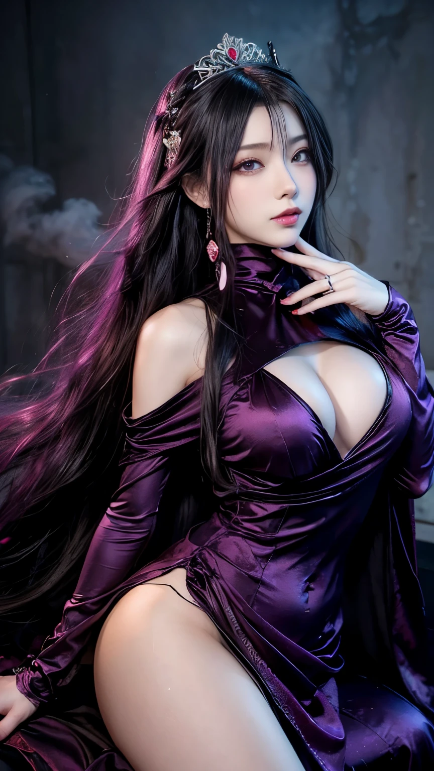 (Best image quality), (masterpiece), (Vibrant, Photo realistic, Realistic, dramatic, dark, Sharp focus, 8k), beautiful, Highly detailed face and skin texture, sexy wedding dress, Heavenly beauty, Mature Asian Woman,Long black hair, Compensate, Browsing Caution ,Close-up shot, ((Backlight)), Holding the Sword, Samurai Wedding、Noir painting of a beautiful young witch, Long purple hair, dark purple lips, evil, evil female, smile, Black Prom Dress, She is coming to you, close, Bright Blue Eyes, Surrounded by swirling pink smoke, Genuine, Attention to detail, highest quality、8k, RAW Photos, highest quality, masterpiece, Realistic, photo-Realistic, clear, Professional Lighting, Beautiful Face, highest quality,Ultra-high resolution female demon king,Eternal Youth,Age 25,Long Hair,Intricate braiding,Decorations,Crimson Hair,Jet black hair,Bright red eyes,Golden Eyes,eyeliner,Dark lipstick,Dark-toned dress,,magical jewels,jewelry,Crown,A luxurious throne,Dragon sculpture,Magic symbols,an ominous,exquisite Decorations,Crossing your legs,Put your cheek on your hand,(whole body:1.4) appear Although ominous, Gorgeous and exquisite carvings,(A sexy draped dress with a loose navel that shows off plenty of skin,:1.5)He has very beautiful devil horns with very intricate structure growing out of his head., 背中から非常に大きくan ominous悪魔の翼が生えている.