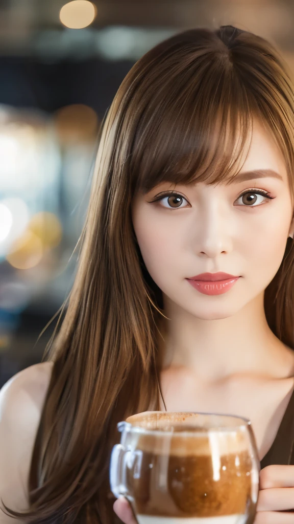 Best quality, 8k, ,Masterpiece :1.3)), facing viewer,((full body1.2)) ,pretty woman, wide shot ,1girl, , café,, , brown hair , bangs,ultra-detailed face, highly detailed lips, detailed eyes, double eyelid