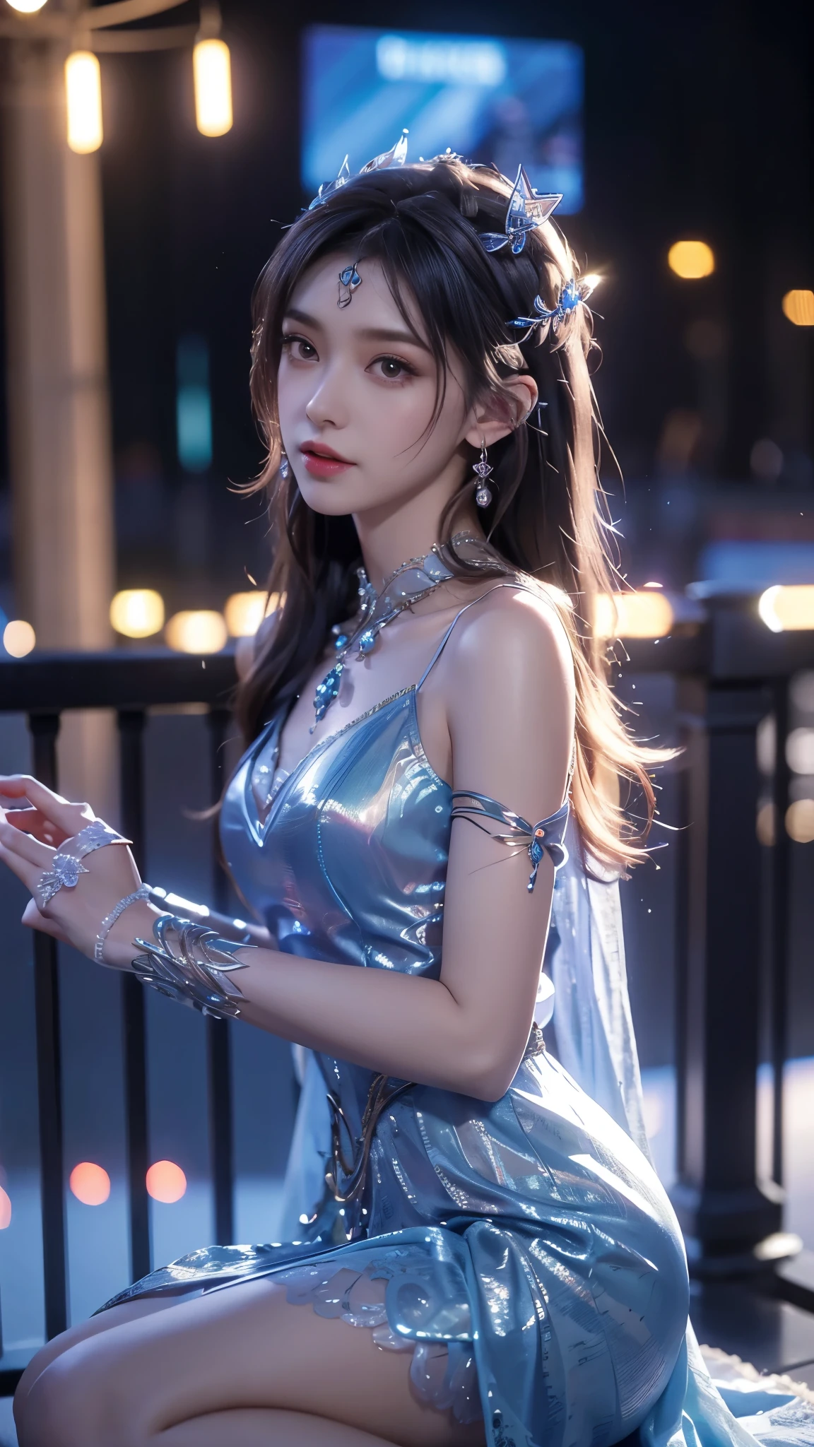 8K, UHD, MAsterpiece, best quality, 1 girl, (realistic face), happy pace, very long hair, small breasts, decorated dress, very beautiful ornaments dress, blue color, ((lace)), mesh dress, sardine, loops, legendary night balcony, depth of field, cinematic lighting, chromatic aberration, motion blur, glowing light, god rays, ray tracing, reflection light, backlighting, knee short,