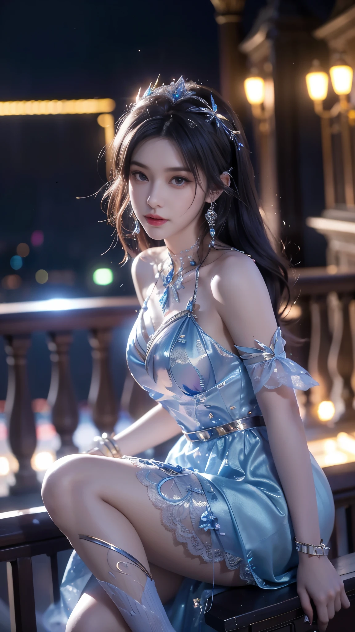 8K, UHD, MAsterpiece, best quality, 1 girl, (realistic face), happy pace, very long hair, small breasts, decorated dress, very beautiful ornaments dress, blue color, ((lace)), mesh dress, sardine, loops, legendary night balcony, depth of field, cinematic lighting, chromatic aberration, motion blur, glowing light, god rays, ray tracing, reflection light, backlighting, knee short,