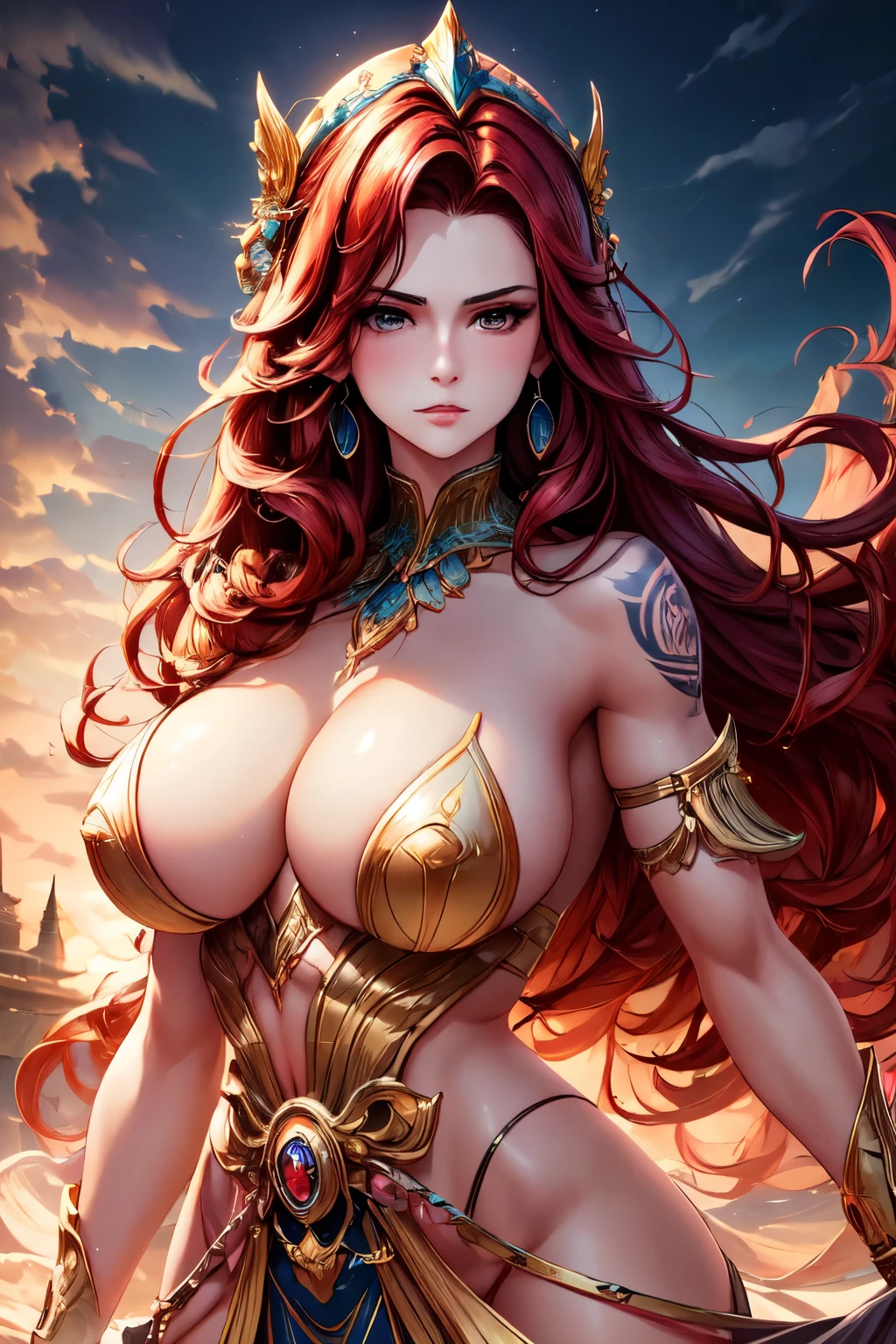 An ultra-detailed illustration of a fair-skinned woman with red hair, brown eyes, and a model-like physique, big . She is wearing elegant, fantasy-style clothing, such as an intricately designed dress or armor with elaborate details. She has a tribal tattoo on her arm, adding a unique and exotic touch to her appearance. The background of the image should be transparent. Ensure the image is in the highest resolution possible with vibrant colors, sharp details, and a high level of realism to enhance the overall quality