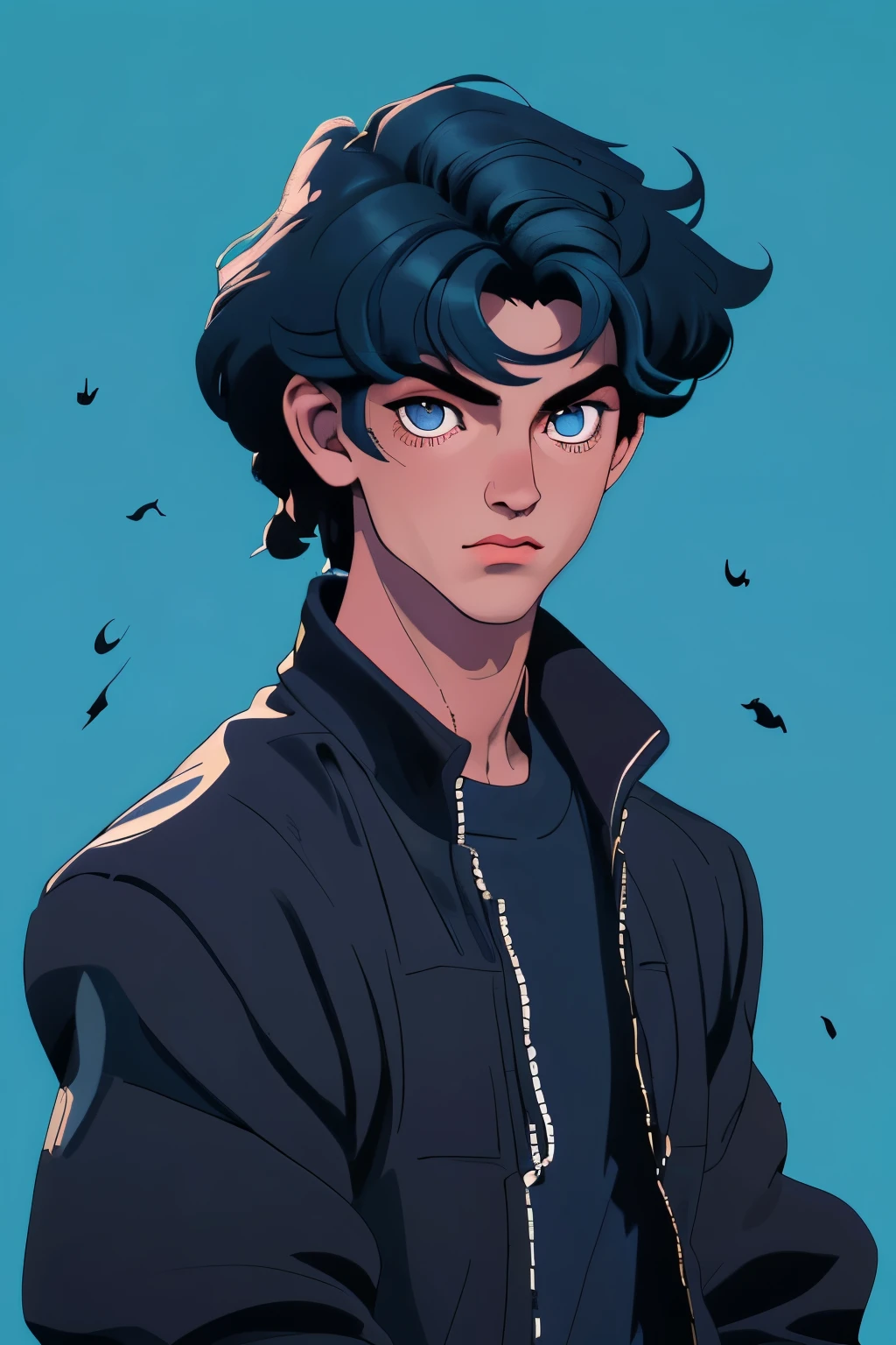 Estudiante masculino sueco-britanico con cabello negro y ojos de color azules, un poco muscolo y mide 1,80 m. Con ropa escolar