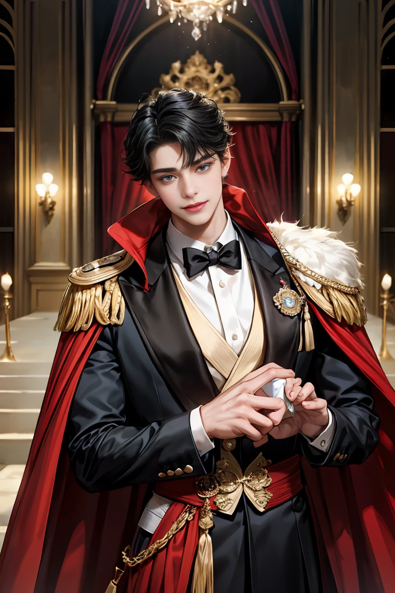 
masterpiece, 最high quality, high quality, 1 boy, alone, Male focus, Watching the audience,  Messy black hair, Adorable big blue eyes, White, Noble, Noble, Tuxedo、A very voluminous, large, very large, very large, long, long red and black cape with a high stand-up collar, reaching down to the floor, made of a lot of fabric., ,Cute beautiful boys,Cute, cute, gentle smiling handsome man