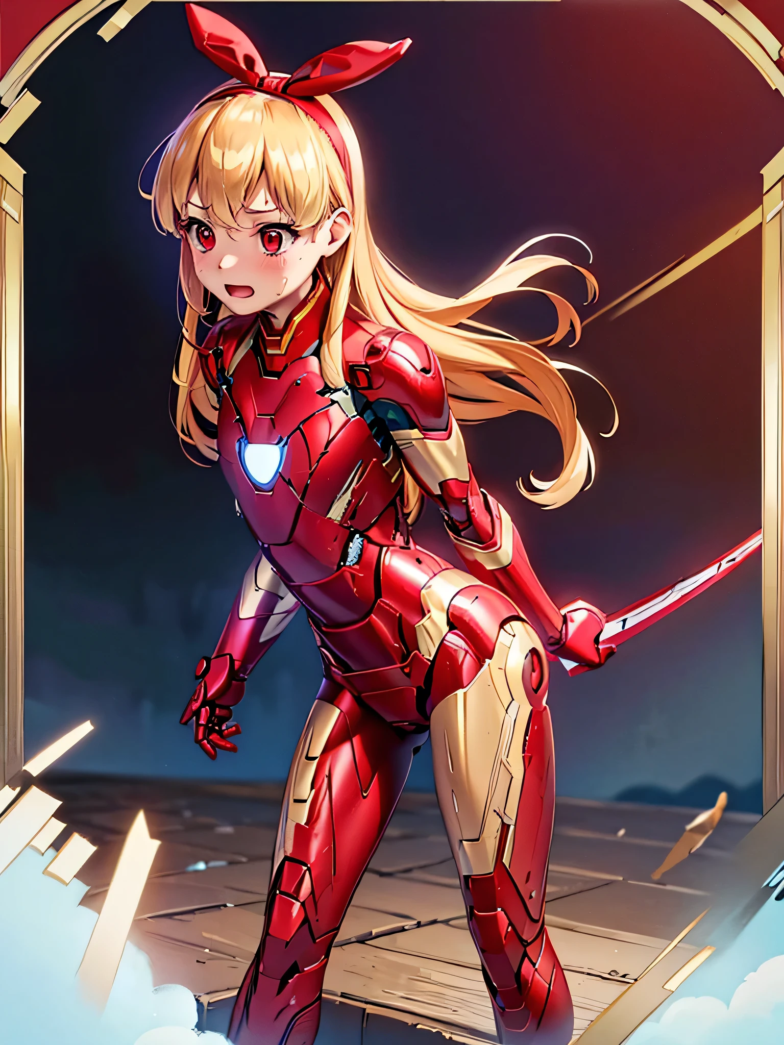 (red ribbon on hairband:1.2),(masterpiece, best quality, highres),BlondeHAIR,Primary school students、Long Hair、Small breasts、Small breasts、Body Type、injured body、((damaged iron man suit、Crotch crack))、City of night、Rooftop、、8 year old 、Realistic body、