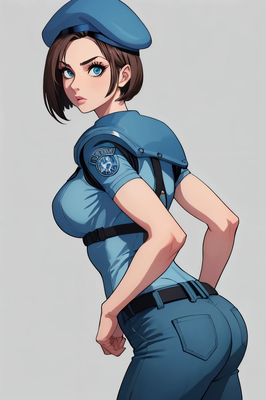 Jill Valentine, masterpiece, best quality, 1girl, solo, standing, jillre1, beret, uniform, shoulder pads, short sleeves, harness, belt, pants, unmoving pattern, peitos grandes, bunda grande, ela esta mostrando a lateral, pernas abertas, bunda grande, decote, peitos grandes