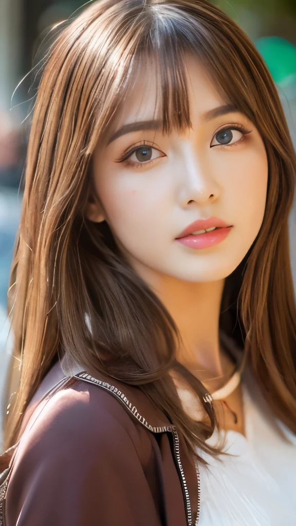 Best quality, 8k, ,Masterpiece :1.3)), facing viewer,((full body1.2)) ,pretty woman, wide shot ,1girl, , café,, , brown hair , bangs,ultra-detailed face, highly detailed lips, detailed eyes, double eyelid