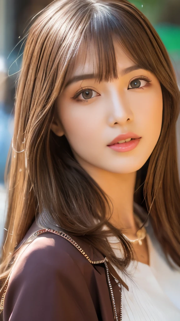 Best quality, 8k, ,Masterpiece :1.3)), facing viewer,((full body1.2)) ,pretty woman, wide shot ,1girl, , café,, , brown hair , bangs,ultra-detailed face, highly detailed lips, detailed eyes, double eyelid