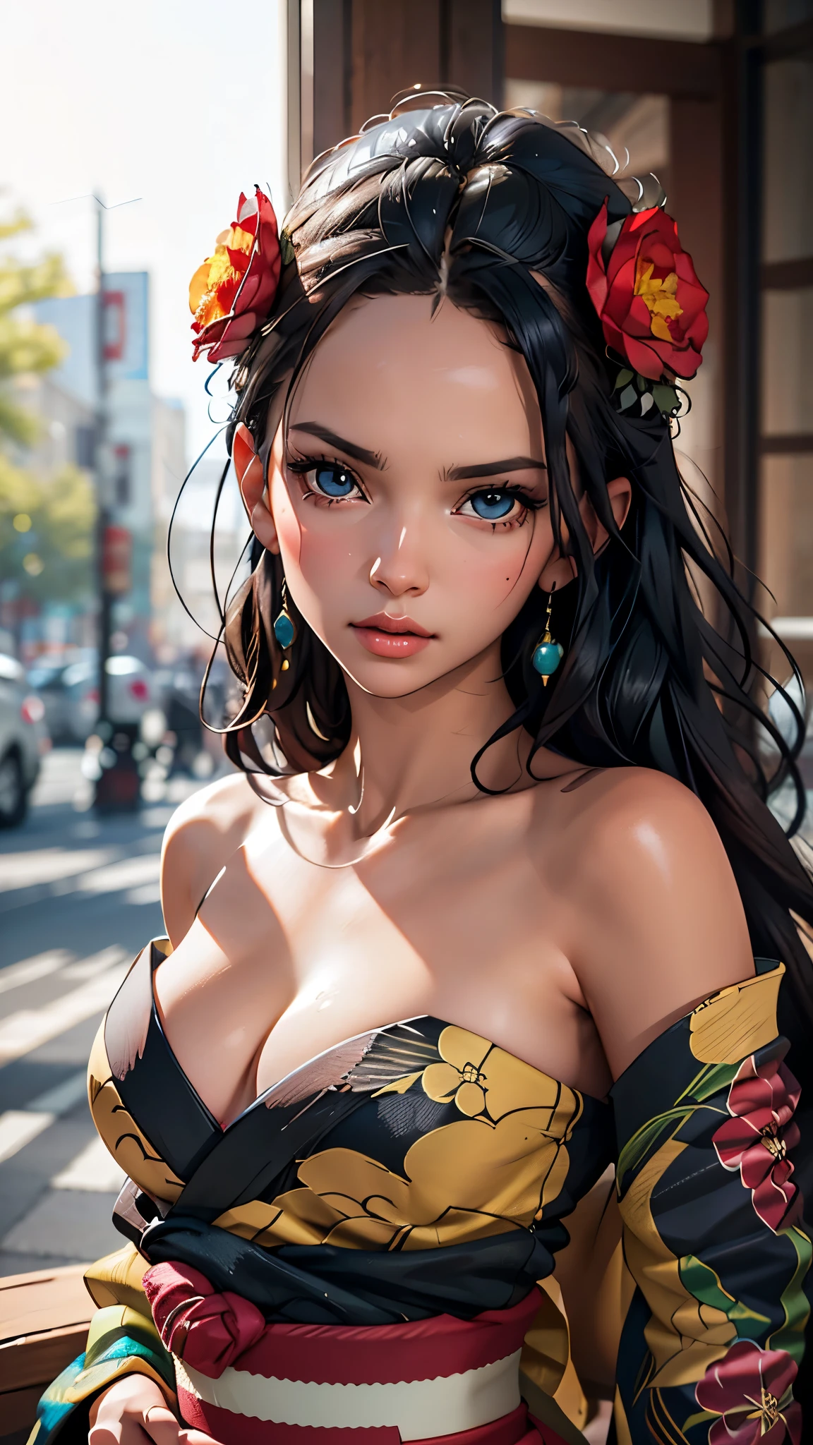 depth of field, ray tracing, photorealistic, beautiful eyes, beautiful face, beautiful good anatomy, 4k, 8k quality, cleavage, black kimono, (masterpiece, best quality), viola, hair ornament, flower, gift of jewelry,