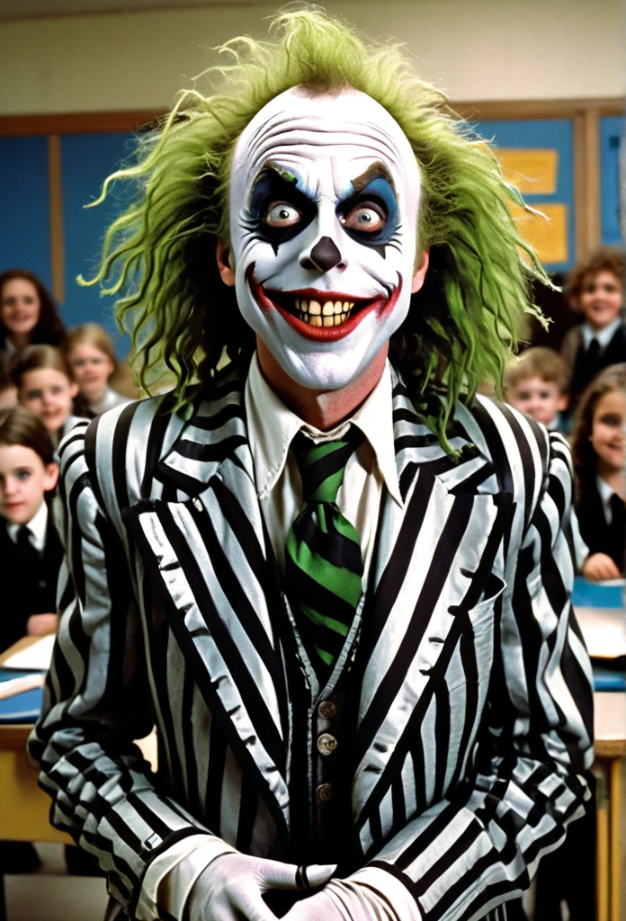 Michael Keaton as Beetlejuice is grinning in front of an elementary school class, insanely detailed and intricate, masterpiece professional photography by Annie Leibovitz with Tim Burton cinematic style, taken with Hasseblad Camera, ultrasharp focus, RAW
