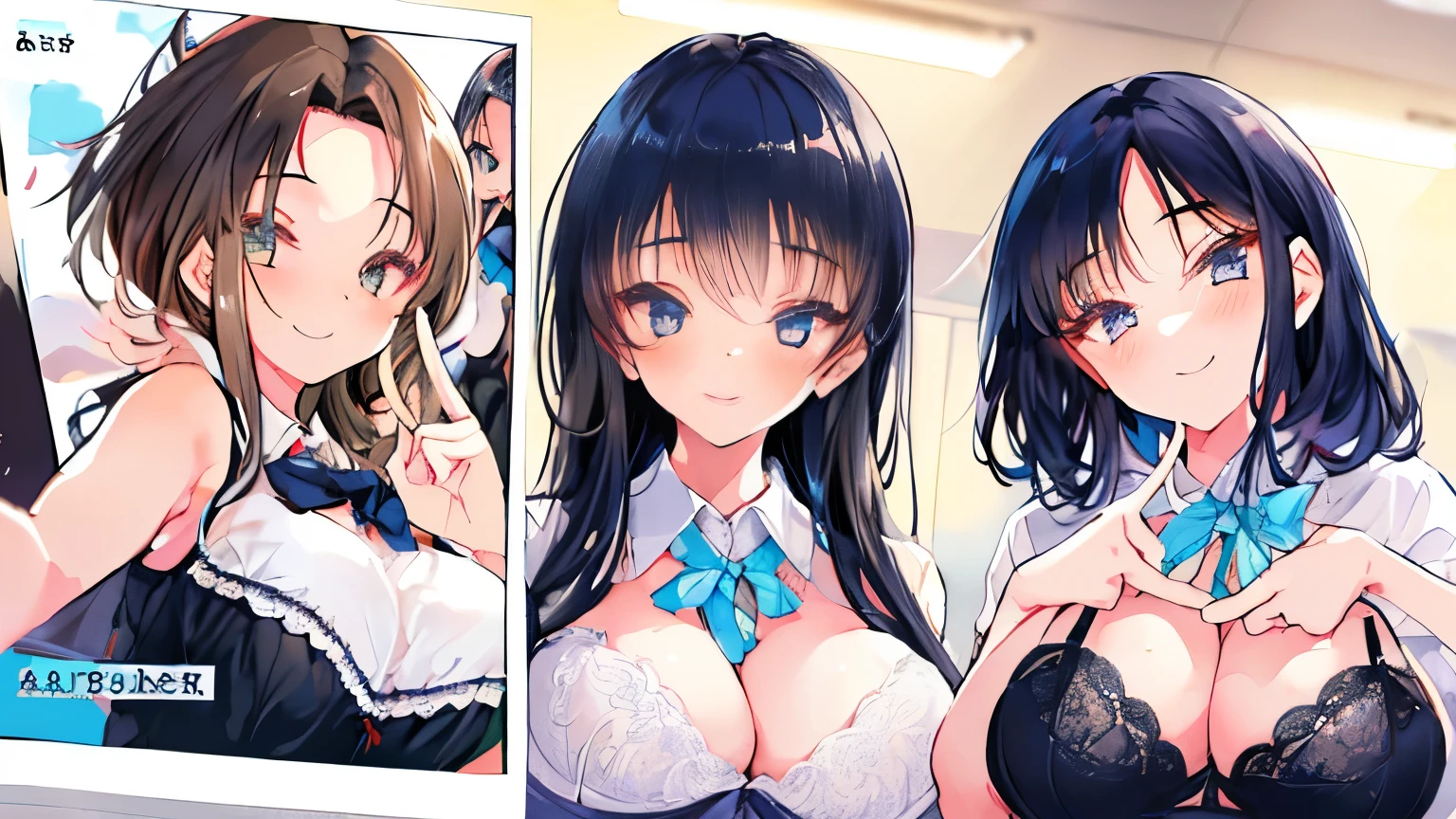 (masterpeace, high quality), (multiple girls) , 3 girls ,group selfie,  classroom,  ( school lingerie:1.2), low angle, wide angle, bright, white, soft light,scorn smile,( large amount of  on face:1.6 ),face close up:1.4, , photobook, yearbook:1.2