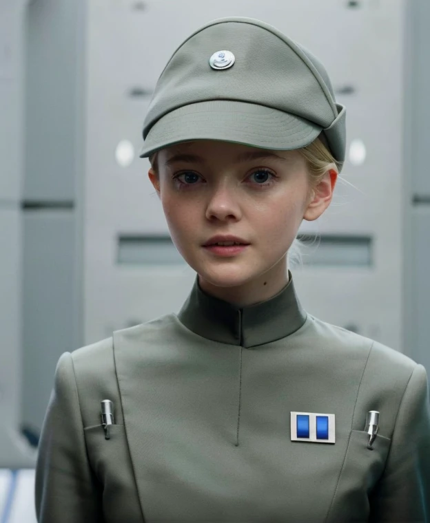 Movie still of Elle Fanning in olive gray imperialofficer uniform and hat, blonde hair in small tight bun, smooth pale white skin, grinning evil nasty wicked smile, sci-fi Death Star control room, sharp focus, dlsr, ultra sharp, professional Photographer, film grain, very detailed skin texture, photorealistic, no makeup