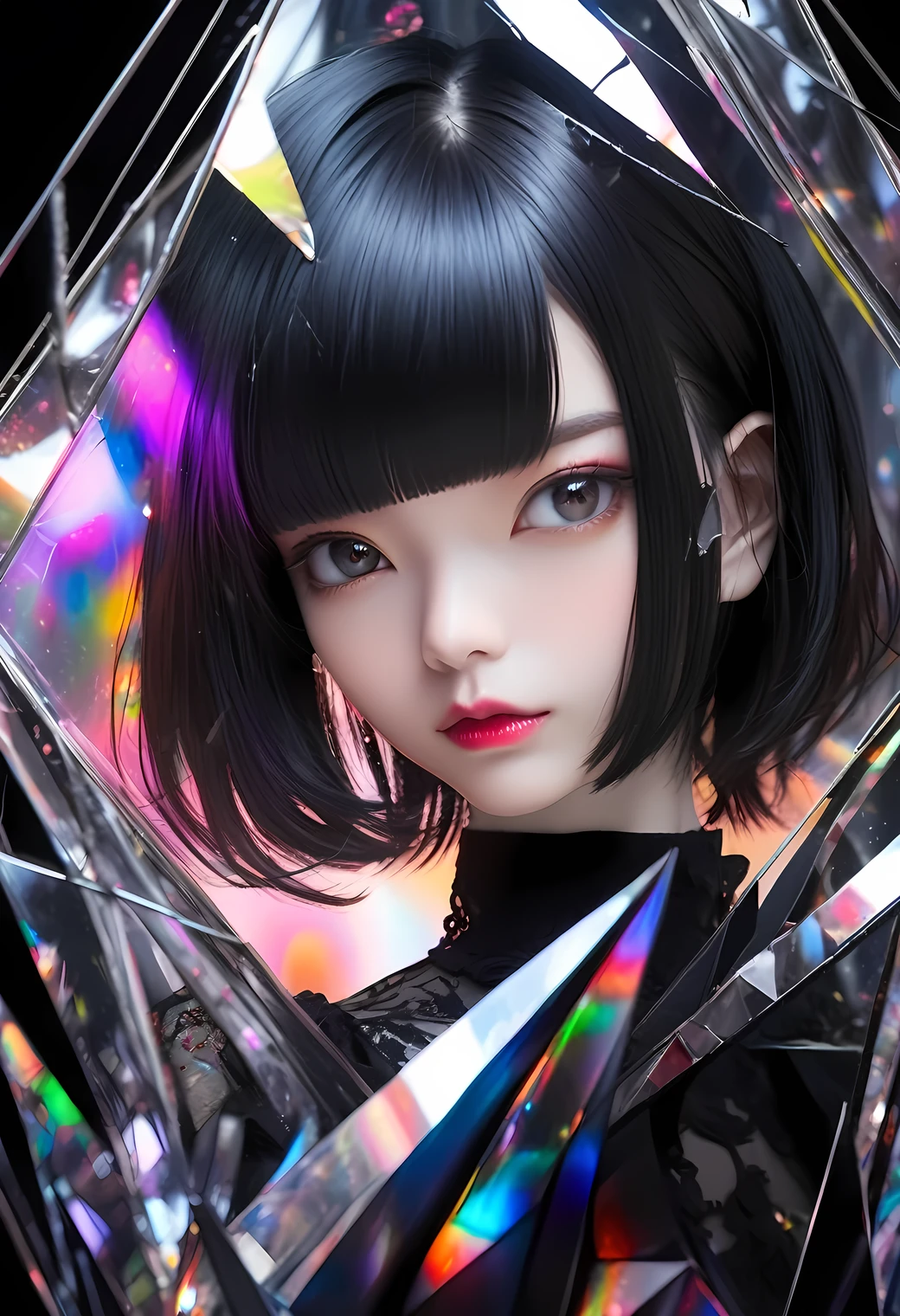 multiple exposure, raw photo:1.2, masterpiece, highest quality, 16k, unbelievably absurd, very detailed, perfect beauty, (gothic atelier), beautiful cute girl, in a beautiful pose, jet black hair, modern sauvage bob hair, through bangs, prism effect, cracked mirror:1.2,professional lighting, vibrant colors, raw photo, portrait,