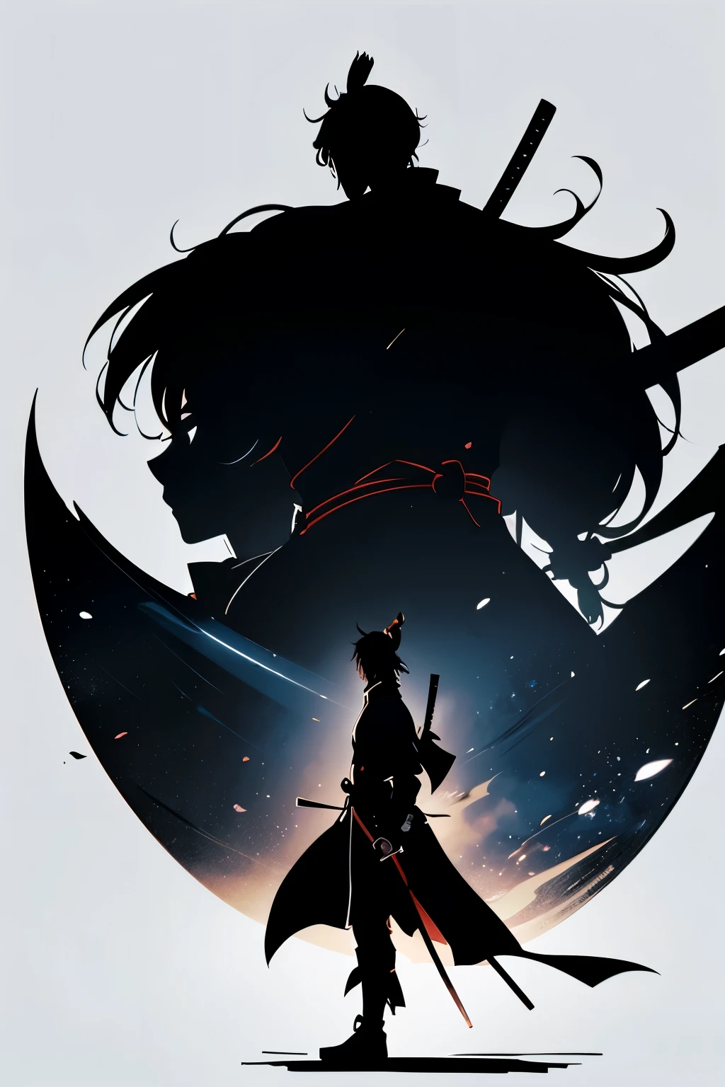 Pitch black silhouette illustration、Side view of a samurai holding a Japanese sword、Light background、People become black silhouettes、A shadow stretches out at my feet