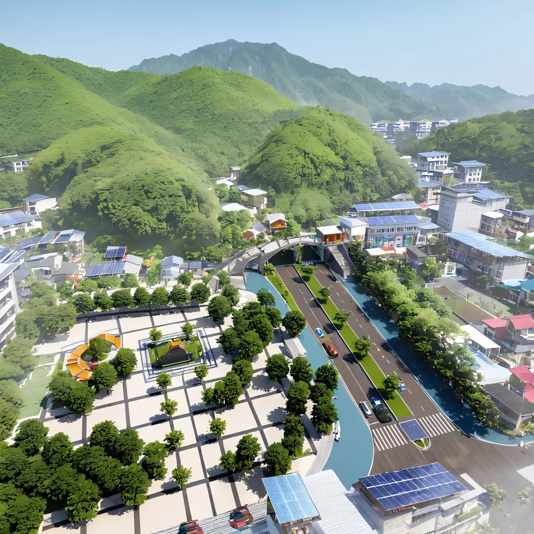 (masterpiece),(high quality),best quality,real,(realistic),Super detailed,(full details),(4k),8K, Aerial view of the city park in Wuyi Mountain, Fujian Province in continental China with solar panels on buildings, a playground for children, an open-air cinema under trees, green lawns, small bridges, flowing water streams, cars driving along roads, colorful street lights at night, surrounded by mountains. The image is in high resolution with hyperrealistic, photo realistic style using bright colors, captured from a wide angle lens with a bird's-eye perspective top-down view under natural lighting, resembling an architectural design concept map