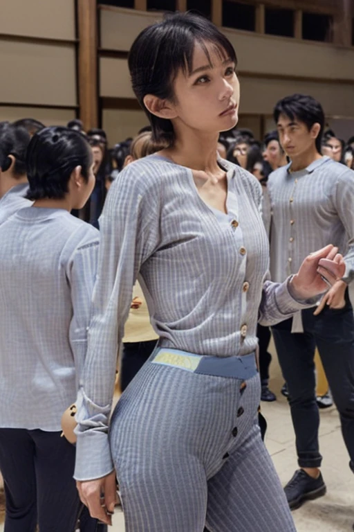 In the crowd、In the crowd、Japanese women、30 years old、Grey long sleeve、(Shirts without buttons、Seamless shirt:1.8)、(Long shirt、Tight shirt:1.4)、(Tops that highlight the curves of your chest、Small Ass、Small waist、tall、Mid-chest:1.4)、wearing black chinos、Wearing sneakers、(Black Hair、Slightly wavy bob)、Little beauty、(slender:1.2)